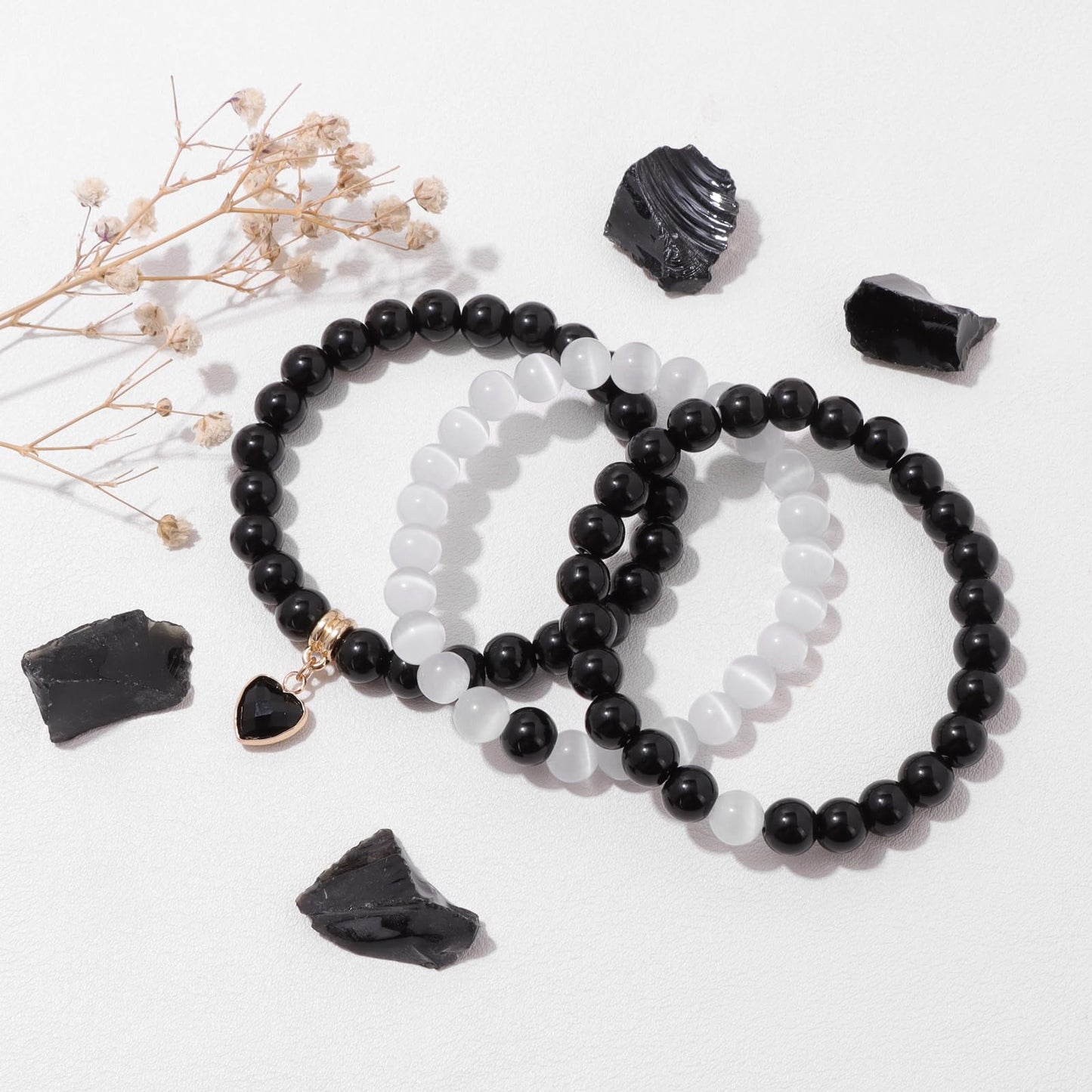 Vinswet Healing Crystal Beaded Bracelets for Women,Natural Amethyst Gemstones Bracelet,Anxiety Stress Relief Heart Charm Bracelet Handmade purple Jewelry Gifts for Women (Black agate&Moonstone)