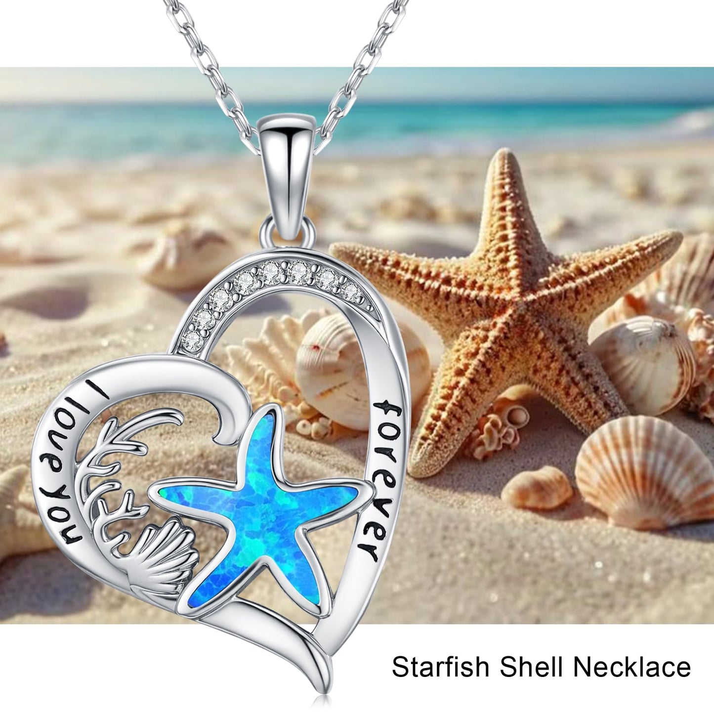 Twoowl Blue Opal Starfish Shells Necklace 925 Sterling Silver Ocean Pendant Necklaces Beach Jewelry Gifts for Women Girlfriends Mom Birthday