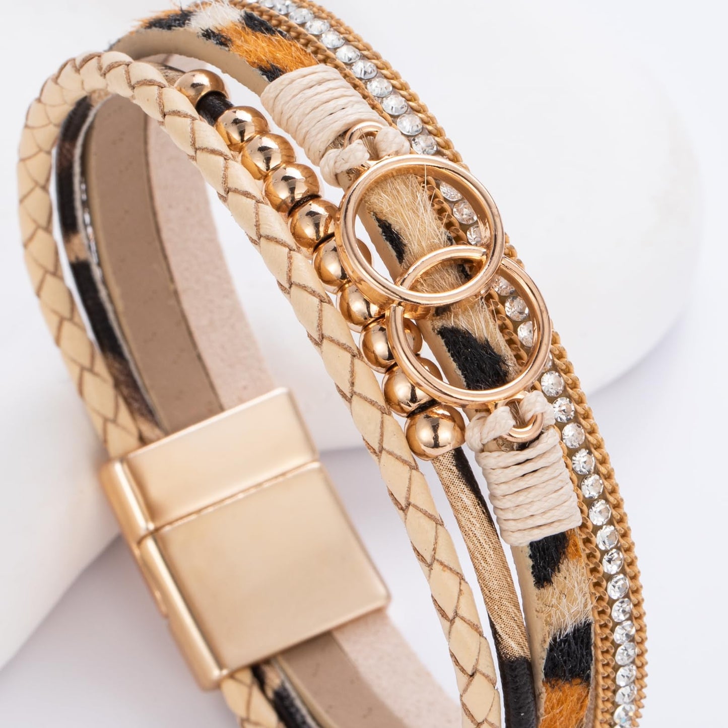 FANCY SHINY Boho Leather Wrap Bracelet Stackable Beaded Infinity Chunky Cuff Bracelets with Magnetic Clasp Western Hippie Outfits Jewelry Gifts for Women(Leopard)