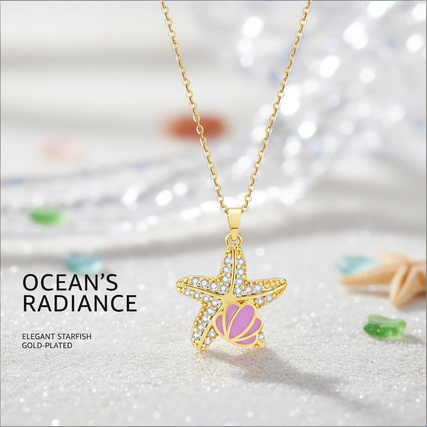 crataly CZ Starfish Necklace For Women-Gold Plated Purple Enamel Shell Ocean Necklace For Valentines Day Mother's Day Christmas Birthday Gifts