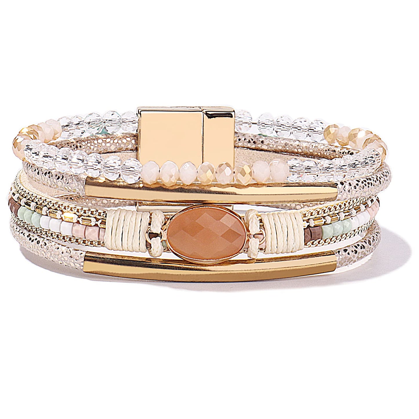 FANCY SHINY Leather Wrap Bracelets Crystal Beads Bracelet Boho Cuff Stone Charm Bracelets with Clasp Costume Jewelry for Women(Beige)