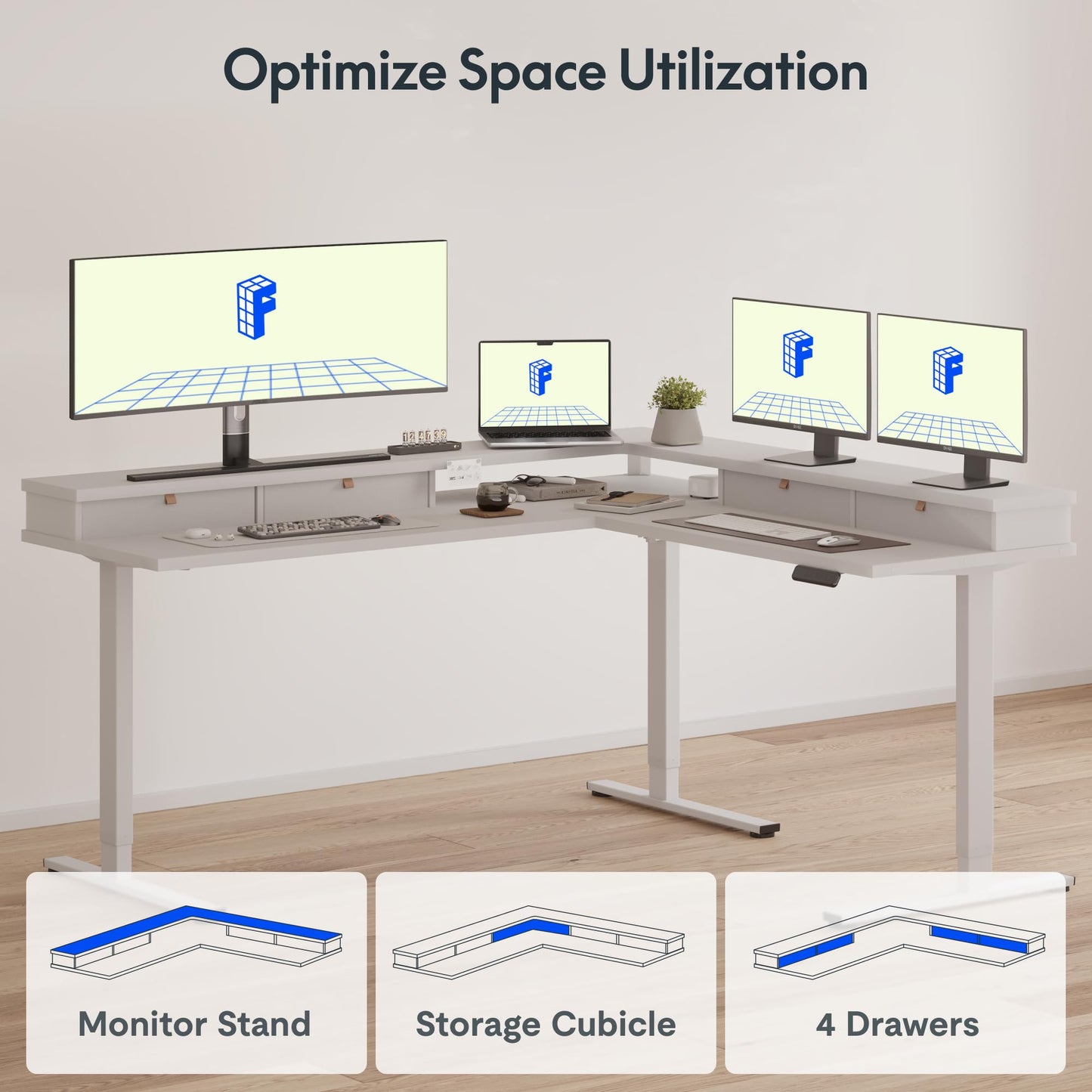FLEXISPOT 63" L Shaped Standing Desk with Shelf Electric Corner Table, Drawers, Adjustable Computer Workstation for Home, Office,63x55in, White Top + White Frame