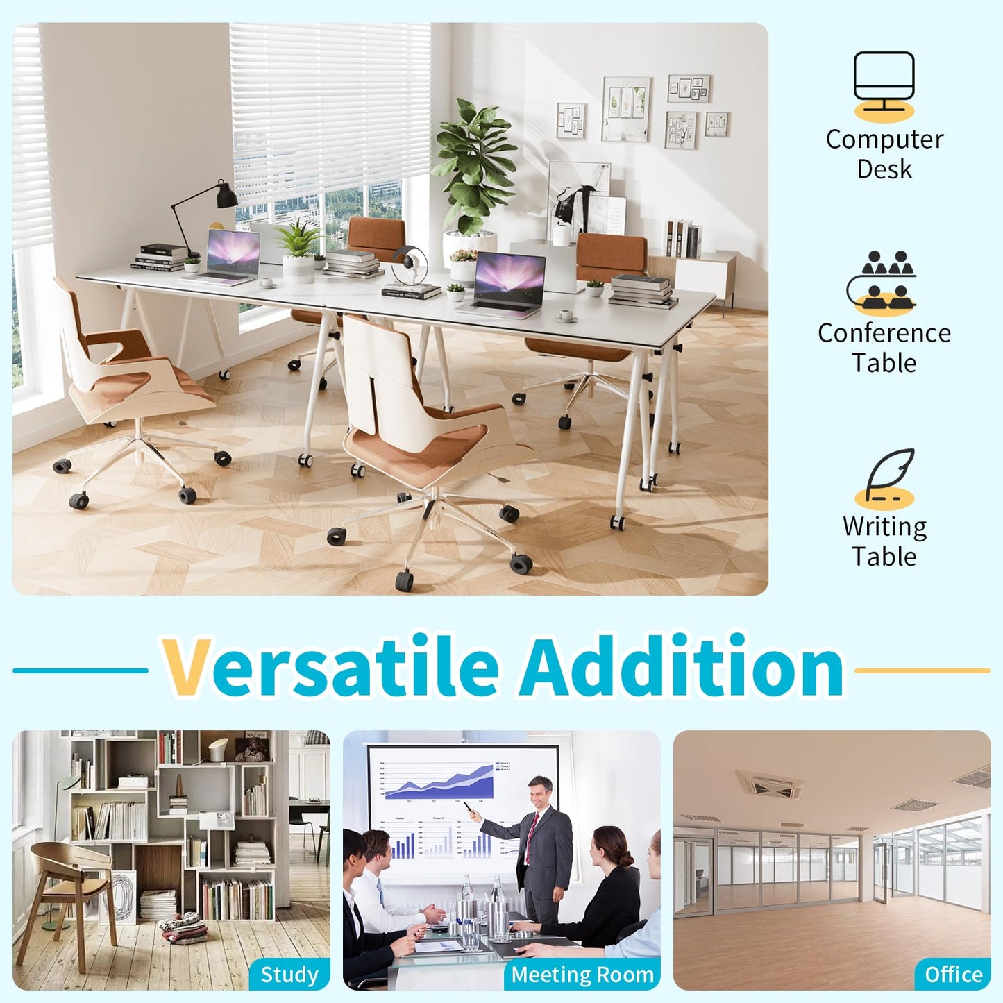 Conference Table with Wheels, Folding Conference Table with Knob & 4 Brake Casters, Modular Flip Top Mobile Conference Room Table for Office, Meeting, Training Room, Class (4, White, 55.1in)