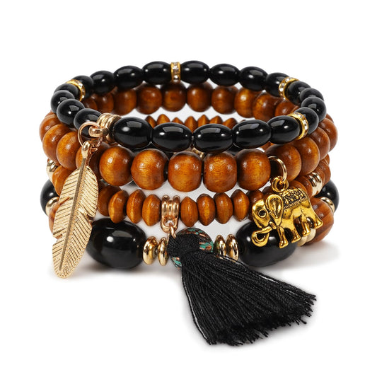 Briutn Bohemian Layered Beaded Bracelet Set Wood Beads with Feather Elephant Tassel Charms Stackable Stretch Bracelets for Women Boho Jewelry Gifts