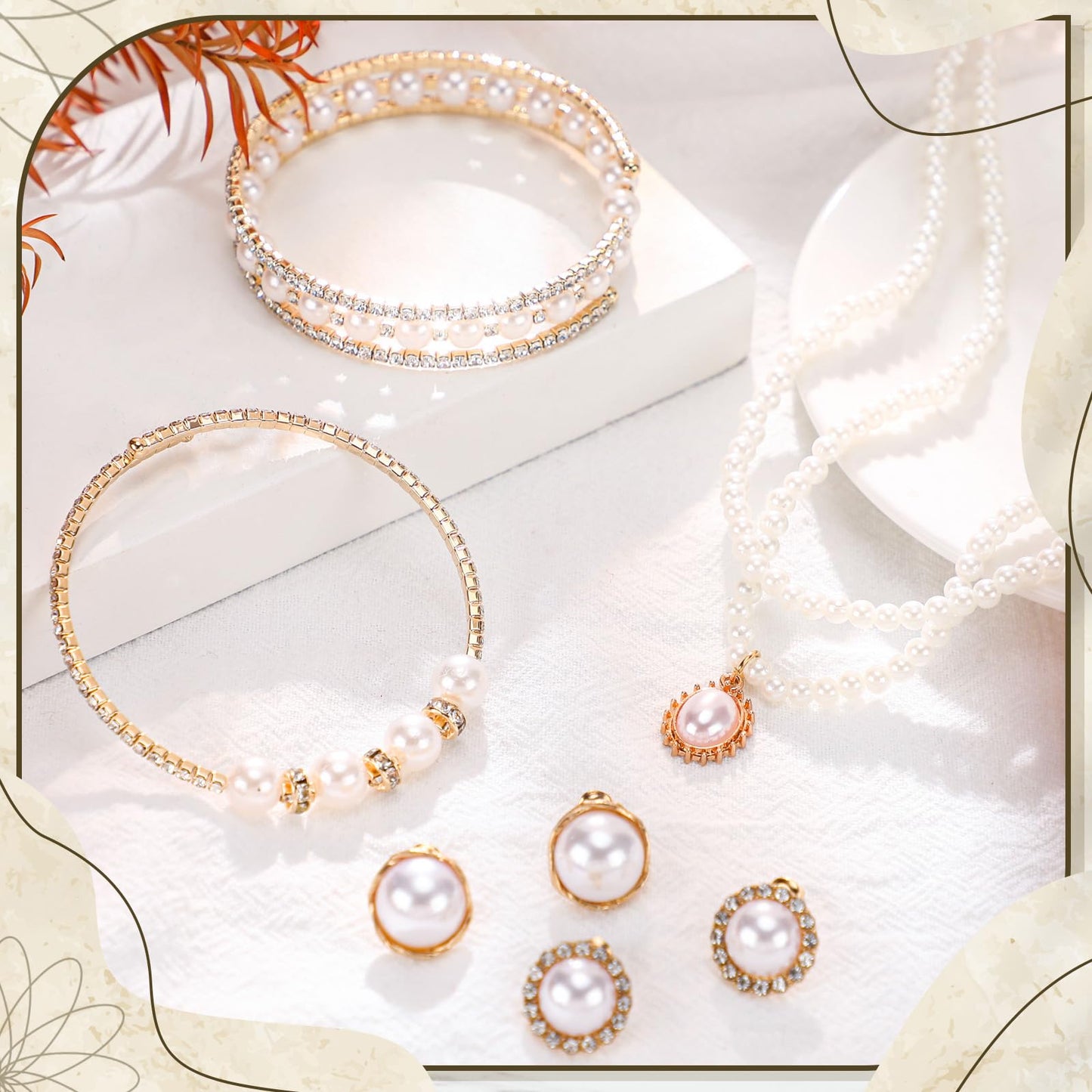 Glenmal Pearl Rhinestone Jewelry Set for Women Pearl Necklace Bracelet Earrings for Wedding Birthday Bridal Shower Tea Party(Delicate Style)