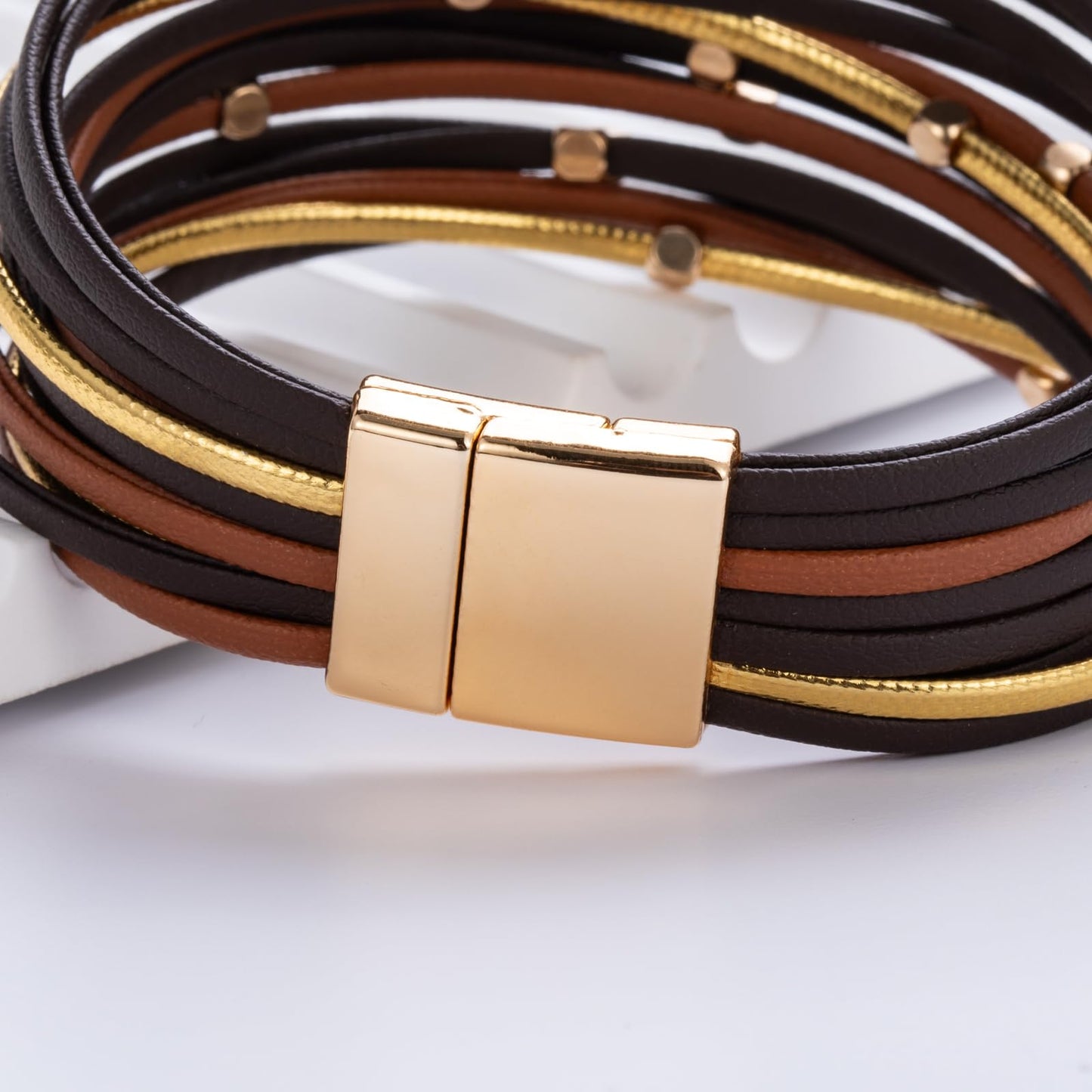 FANCY SHINY Beaded Leather Wrap Bracelets Cute Boho Stackable Bangle Cuff with Magnetic Clasp Layered Trendy Jewelry for Women(Brown)