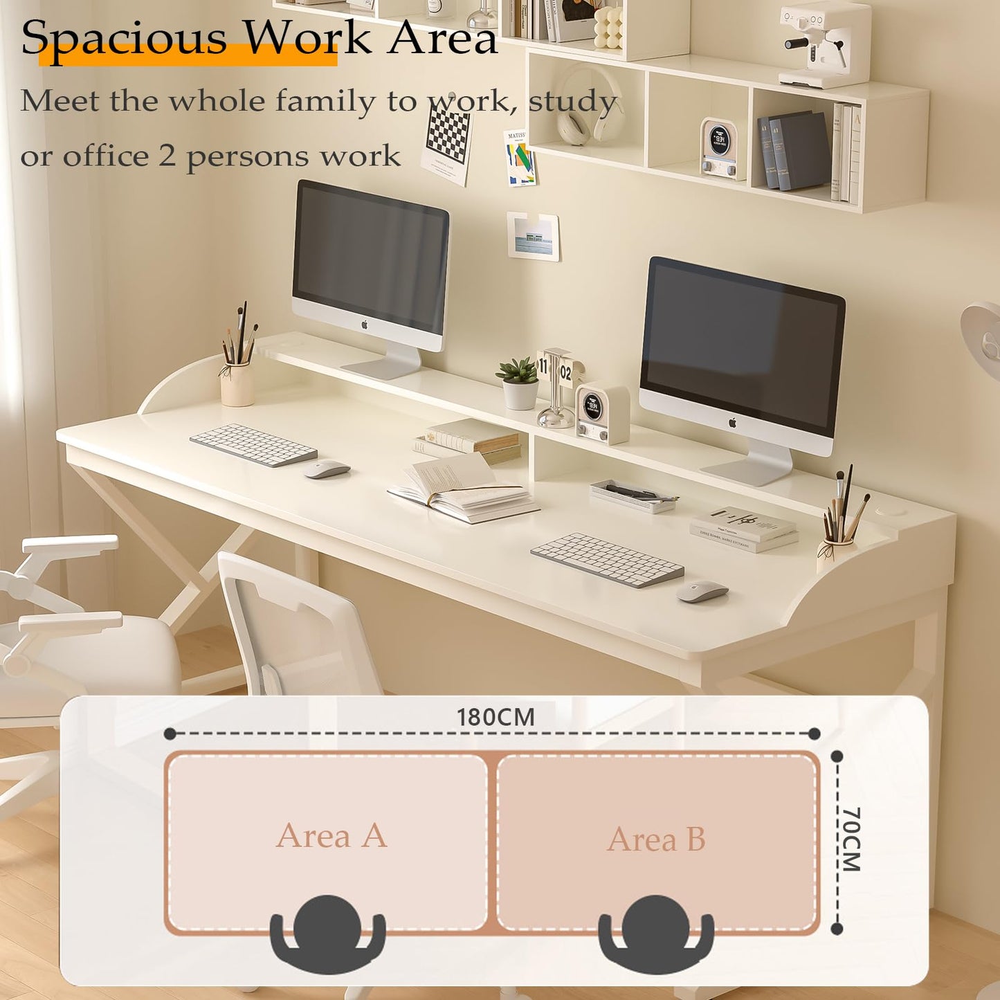 OSCHF Long Desk with Monitor Stand - 71" Double Long Computer Table for 2-Person Workstation, Large Writing Study Work Desk for Home and Office, White