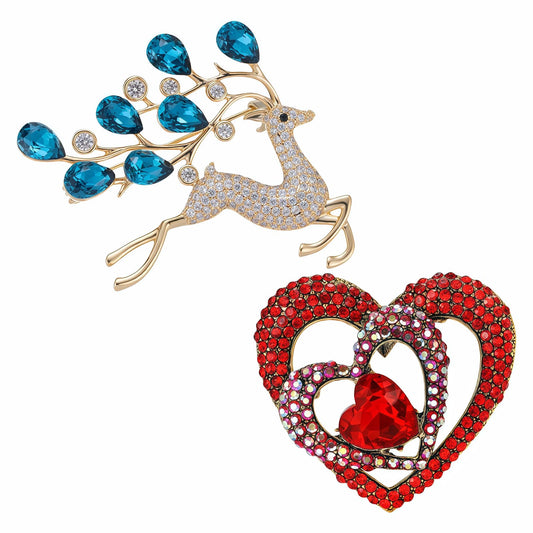 Yaximhozz 2pcs Rhinestone Brooch Pin for Women Dress Elegant Stylish Crystal Brooches Fashion Accessories Pins Lapel Boutonniere Ideas Wedding Christmas Birthday Jewelry Easter Gift (17 Blue Deer/Red Heart)