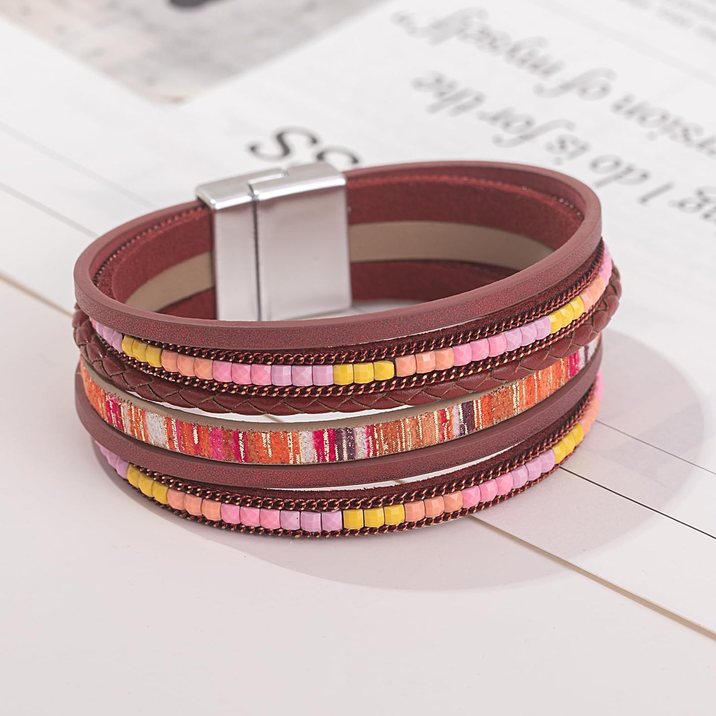 FANCY SHINY Boho Leather Wrap Bracelets Trendy Layered Bracelets with Magnetic Clasp Strackable Bohemian Cuff Jewelry Gifts for Women(Burgundy)
