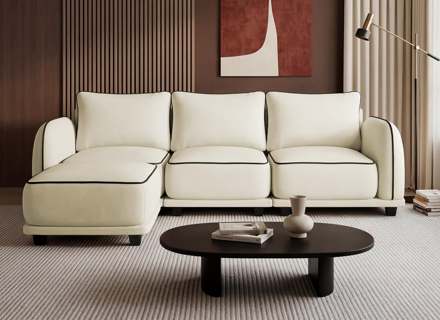 104 Inch L Shaped Modular Sectional Sofa, 4 Seater Modern Cloud Chenille Comfy Couch with Movable Ottoman & 3 Back Pillows, Oversized Comfy L Shape Couch for Living Room, Bedroom, Apartment, Beige