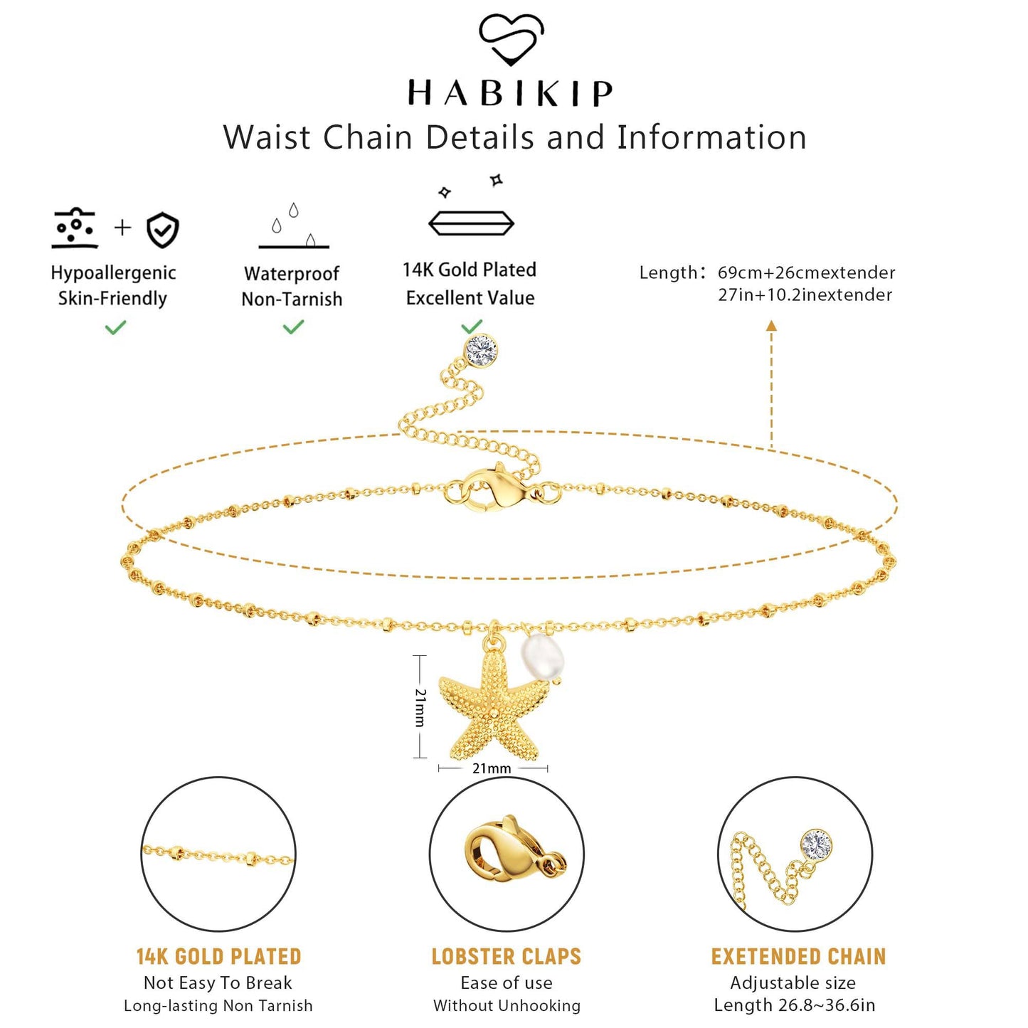 HABIKIP Starfish Pearl Charm Waist Chain for Women, Dainty 14K Gold Plated Belly Chain Belt Sexy Bikini Beach Waist Chain Adjustable Waterproof Body Chain Summer Vacation Jewelry Accessories for Women