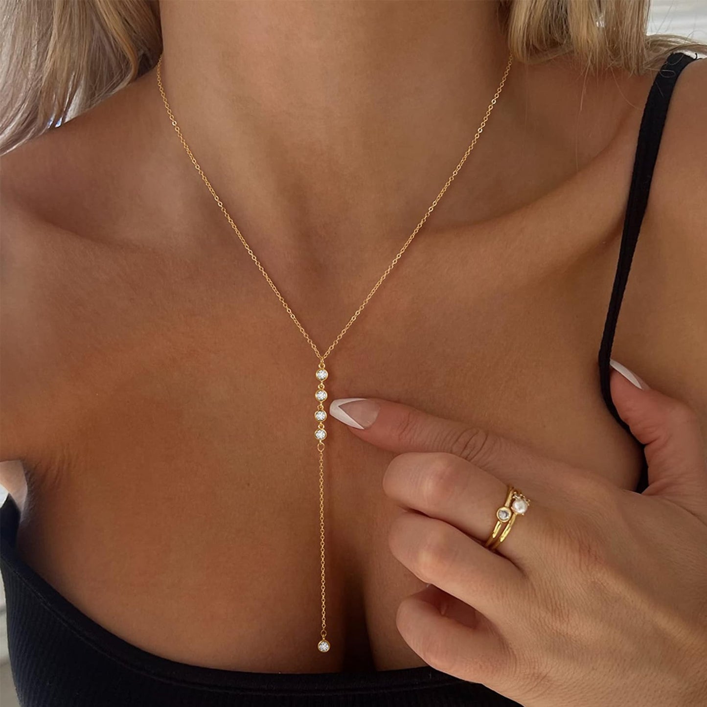 Longita Gold Body Chain Necklace Drop Y Lariat Gold Long Necklace for Women Sexy Trendy Dainty Y-Shaped Dangle Body Jewelry Rhinestone Formal Prom Accessories