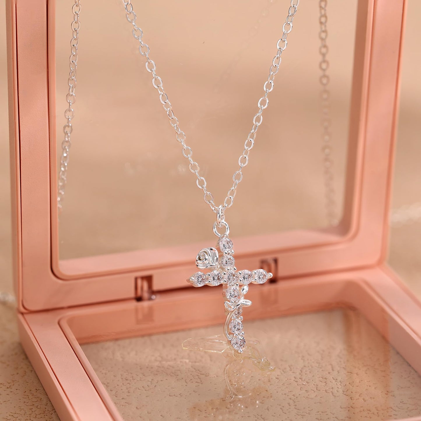 Robaice Flower Cross Necklace for Women, Sterling Silver Plated Dainty Cubic Zirconia Faith Cross Pendant, Christian Religious Jewelry Gifts