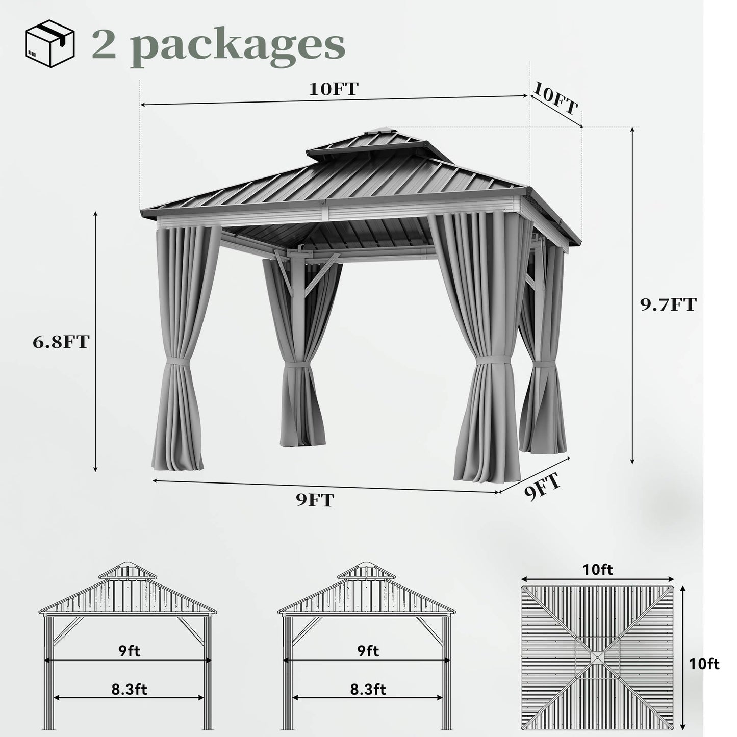 YITAHOME 10X10FT Gazebo Patios Hard Top Outdoor Double Roof Canopy Aluminum Frame Metal Top Garden Gazebo with Curtains Netting for Backyards Decks Lawns, White