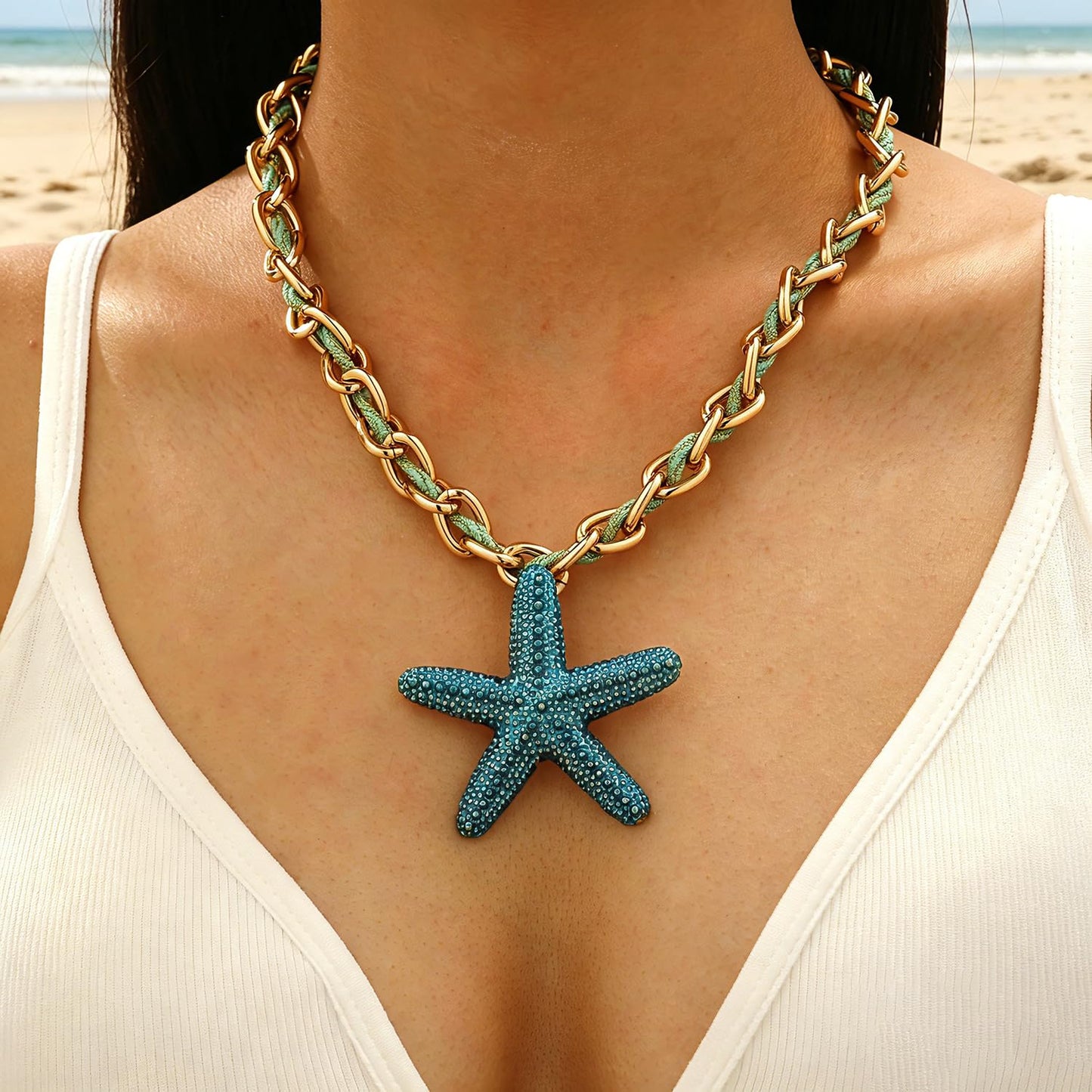 Todenb Starfish Necklace for Women Colorful Weave Seashell Pendant Necklace Boho Starfish Mermaid Necklace Summer Beach Mermaid Jewelry Accessories