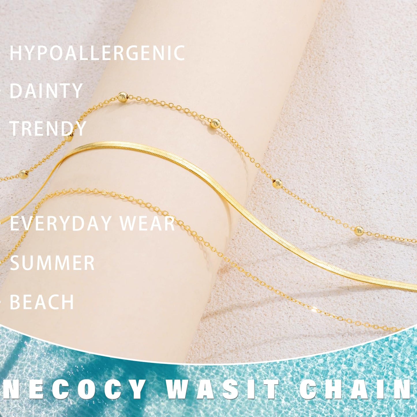 NECOCY 3PCS Layered Waist Belly Body Chain for Women Trendy, 14K Gold Plated Snake Beaded Body Chain Belt Waterproof Adjustable Fashion Summer Beach Body Jewelry Accessories for Women Vacation Prom
