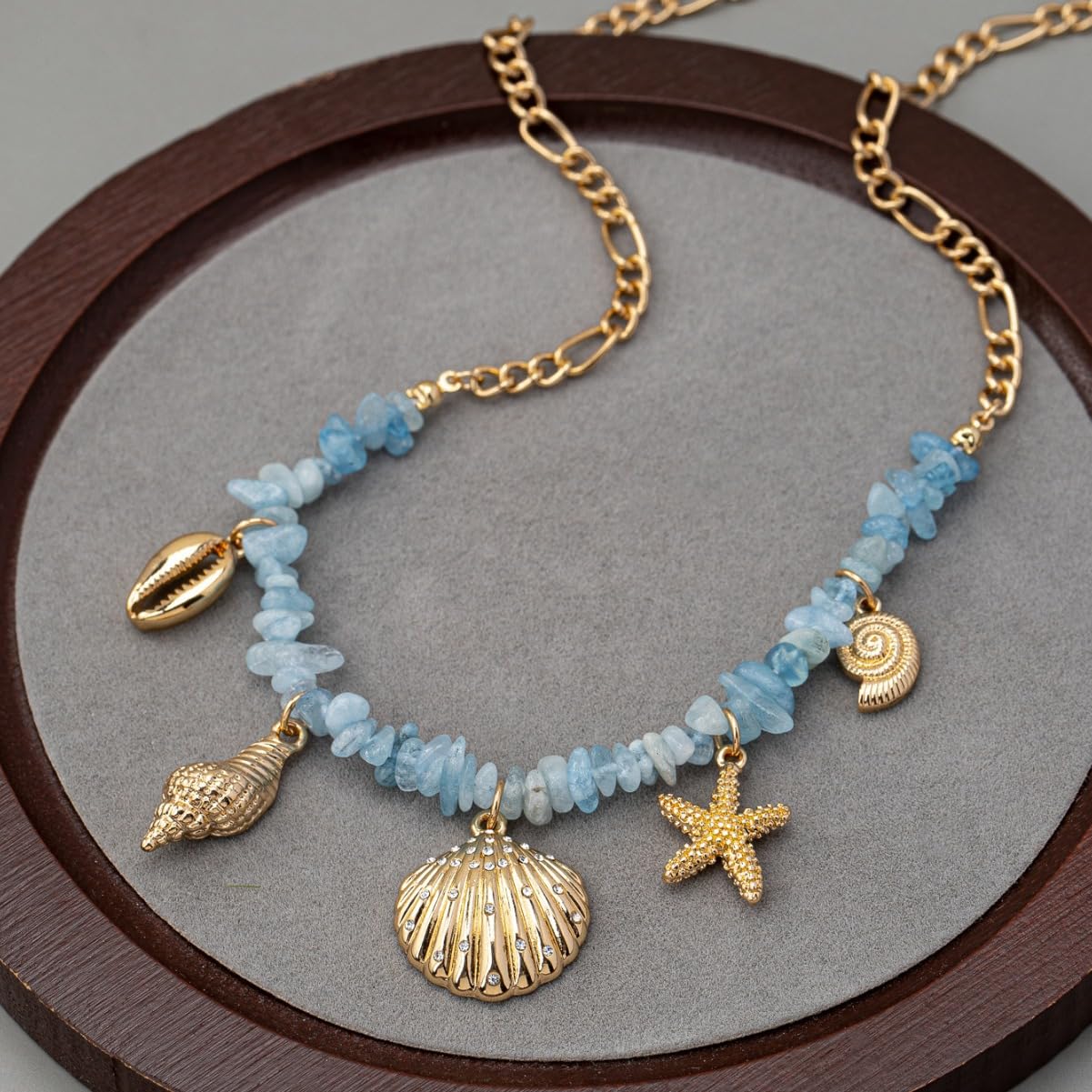 MERGEWORLD Dainty Gold Sea shell Necklace For Women – Ocean Charm Jewelry for Women, Delicate Starfish Beach Necklace with Sea Blue Natural Stone, Elegant Beach Gifts & Everyday Gold Chain