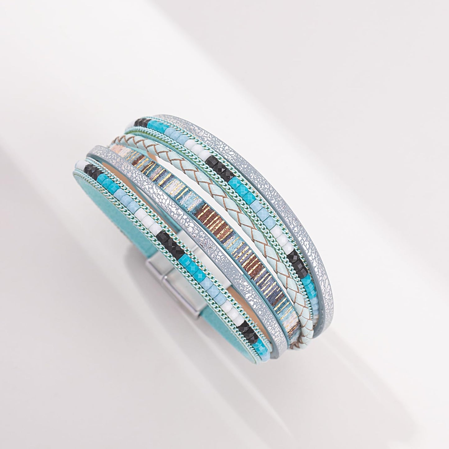 FANCY SHINY Boho Leather Wrap Bracelets Trendy Layered Bracelets with Magnetic Clasp Strackable Bohemian Cuff Jewelry Gifts for Women(Teal)