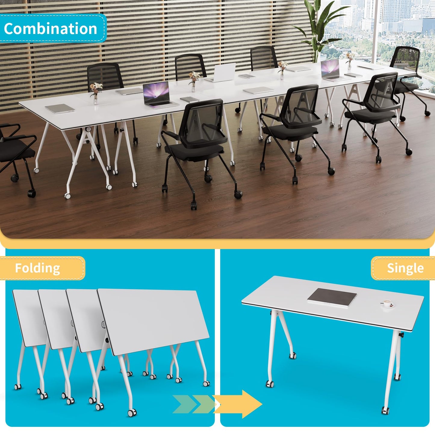 Conference Table with Wheels, Folding Conference Table with Knob & 4 Brake Casters, Modular Flip Top Mobile Conference Room Table for Office, Meeting, Training Room, Class (4, White, 55.1in)