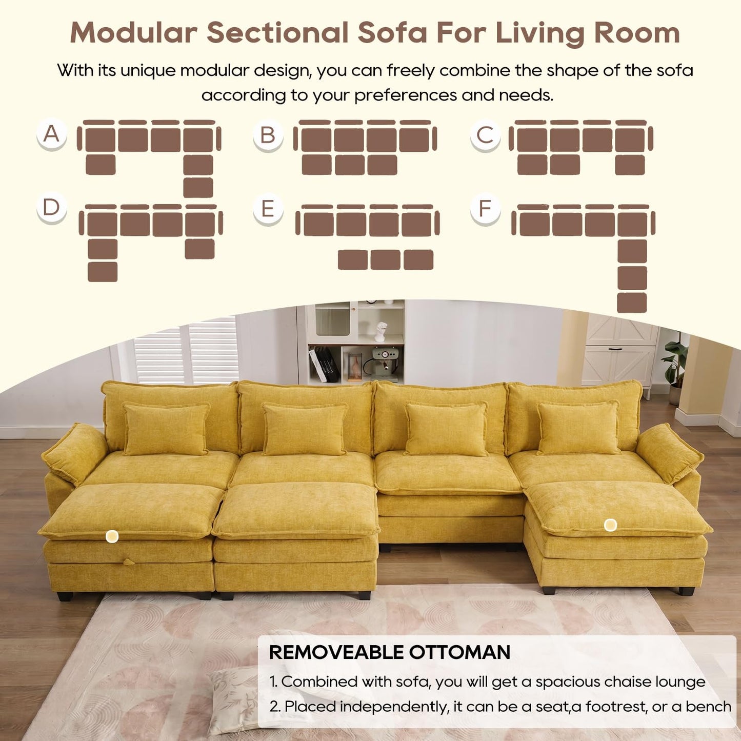 IPKIG 154" Modular Sectional Sofa, Chenille C-Shaped Sectional Couch Comfy Upholstered Seat Sofa with Ottoman, Deep Seat Cloud Couch Sofa for Living Room, Yellow