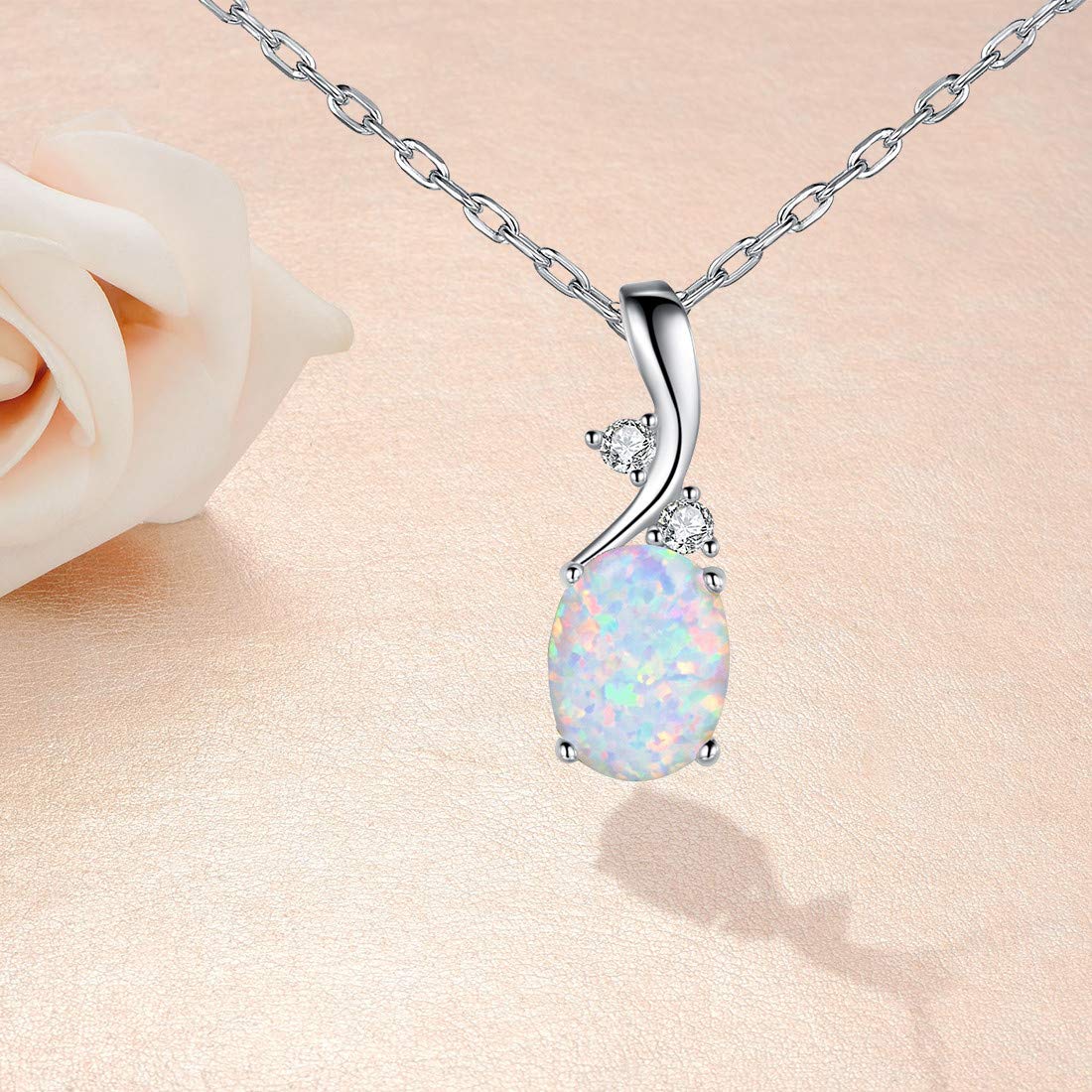 VOLUKA Oval White Opal Pendant Necklace 18K White Gold Plated 7x9mm Birthstone Best Friend 17.5 Inch OPALTOP