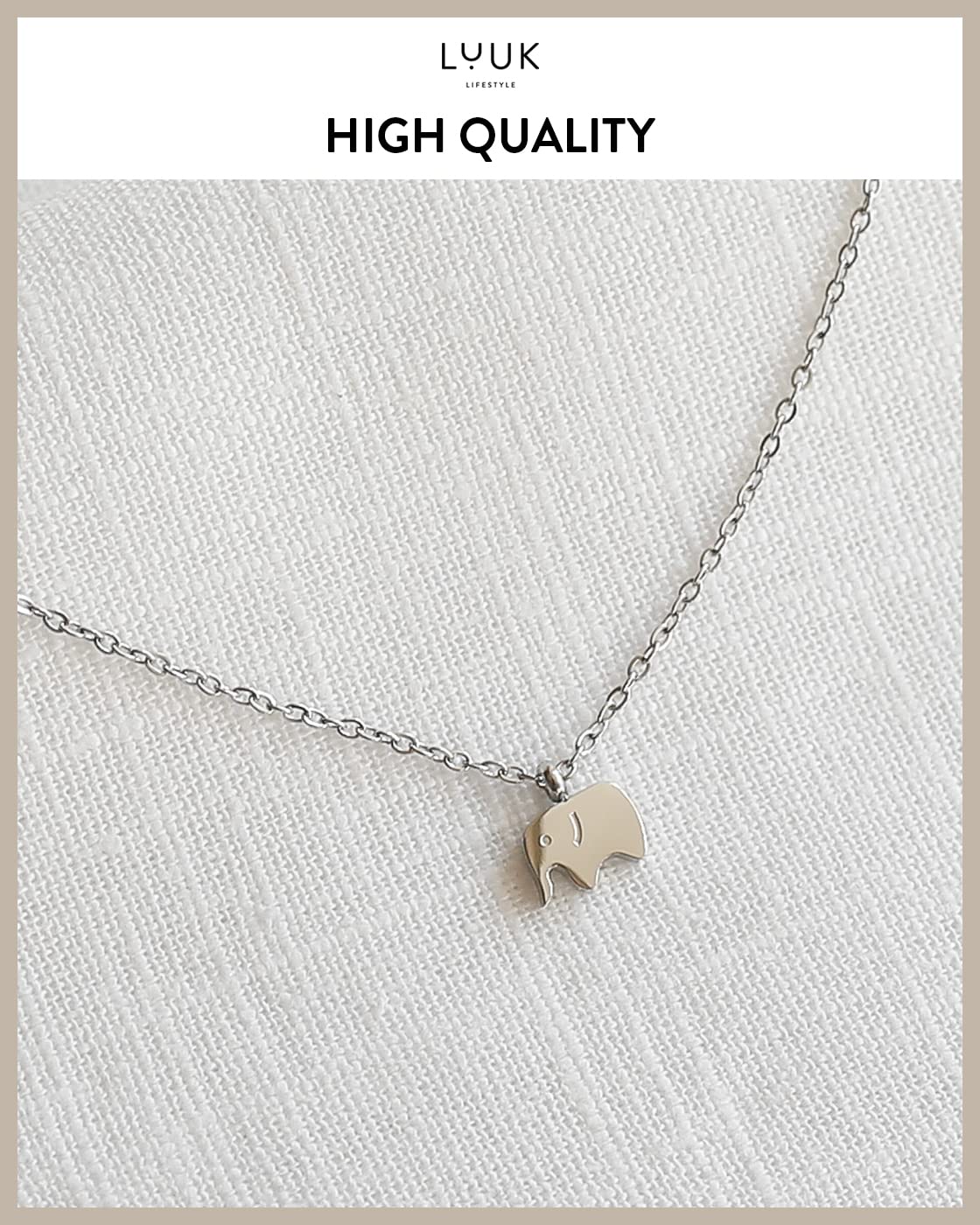 LUUK LIFESTYLE Necklace for women with elephant pendant and HAPPINESS gift card, chic and modern jewelry, stainless steel, feminine fashion for festival, special occasions, trendy look, silver