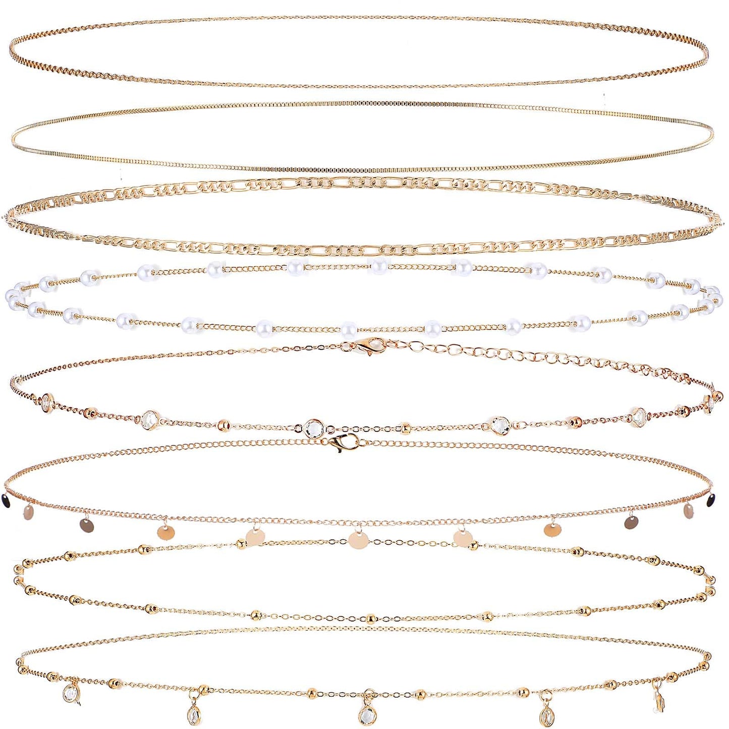 Ptwola 8 Pcs Gold Belly Chain for Women Adjustable Waist Jewelry 18K Gold Plated Body Chain for Summer Beach Sexy Accessories