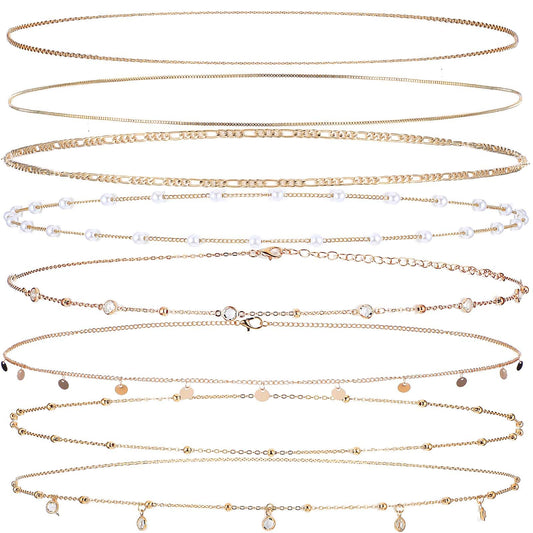 Ptwola 8 Pcs Gold Belly Chain for Women Adjustable Waist Jewelry 18K Gold Plated Body Chain for Summer Beach Sexy Accessories