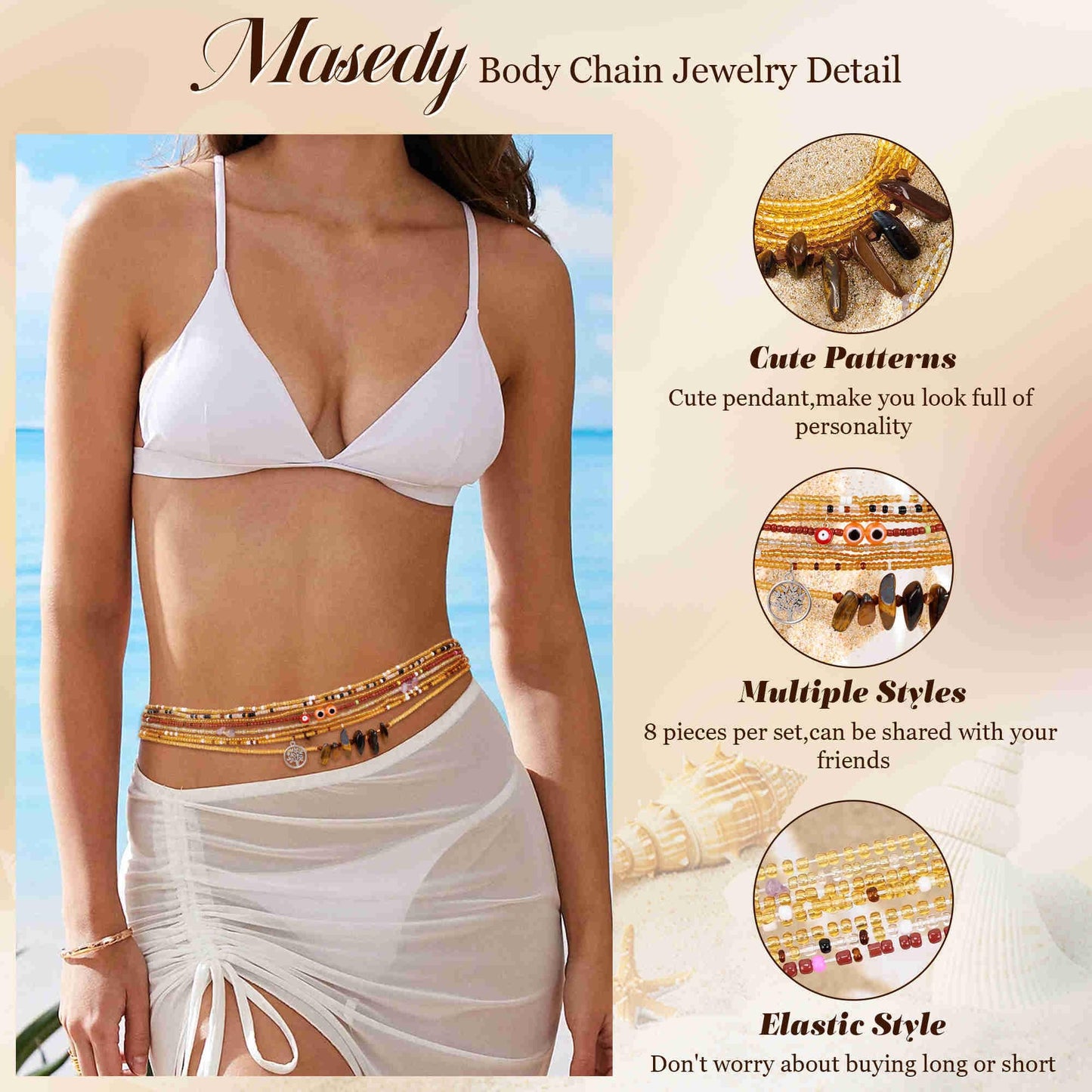 Masedy 8PCS African Waist Bead Chains for Women Layered Belly Body Chain Handmade Plus Size Beaded Belly Chain Colorful Elastic Flower Butterfly Body Chains Summer Beach Bikini Body Jewelry 31in A