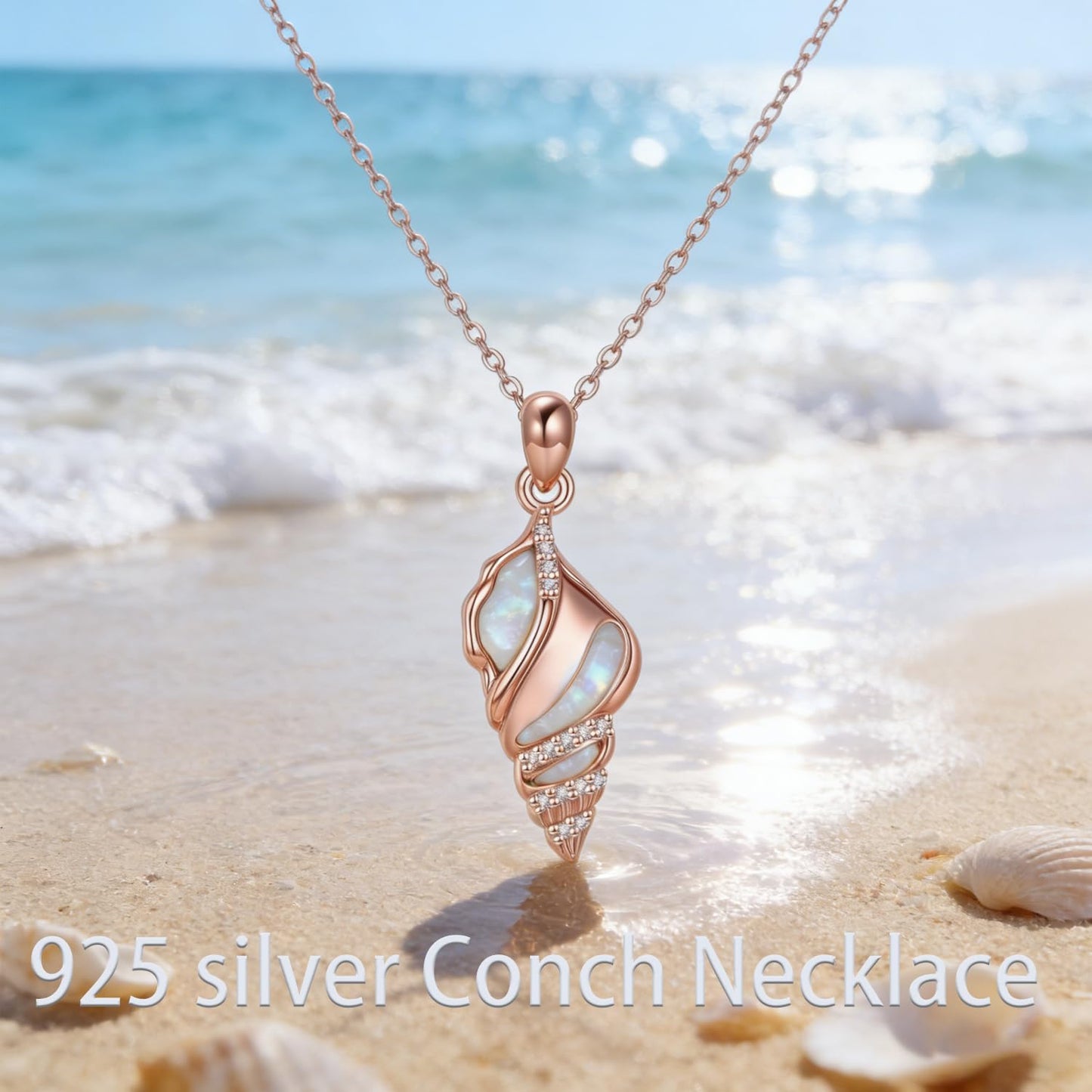 POPLYKE Ocean Seashell Necklace for Women 925 Sterling Silver Rose Gold White Opal Pendant Beach Jewelry Gift
