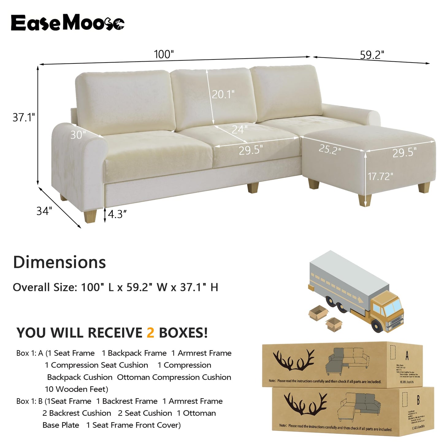 EASE MOOSE Large Seat Velvet L-Shaped Sofa, Soft 4 Seat Couch with Reversible Chaise, Comfy Sectional Modular Sofa with Removable Washable Covers for Living Room and Small Space, Beige