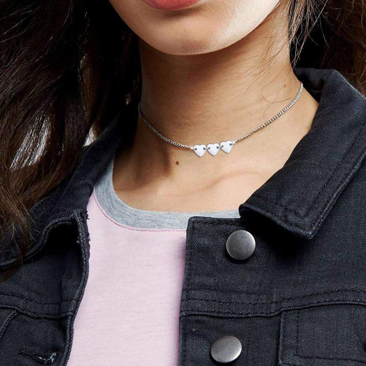 DAOCHONG Sterling Silver Triple 3 Heart Choker Necklace - Dainty Three Hearts Station Choker, Adjustable Delicate Silver Love Necklace for Women, Meaningful Friendship & Family Jewelry Gift