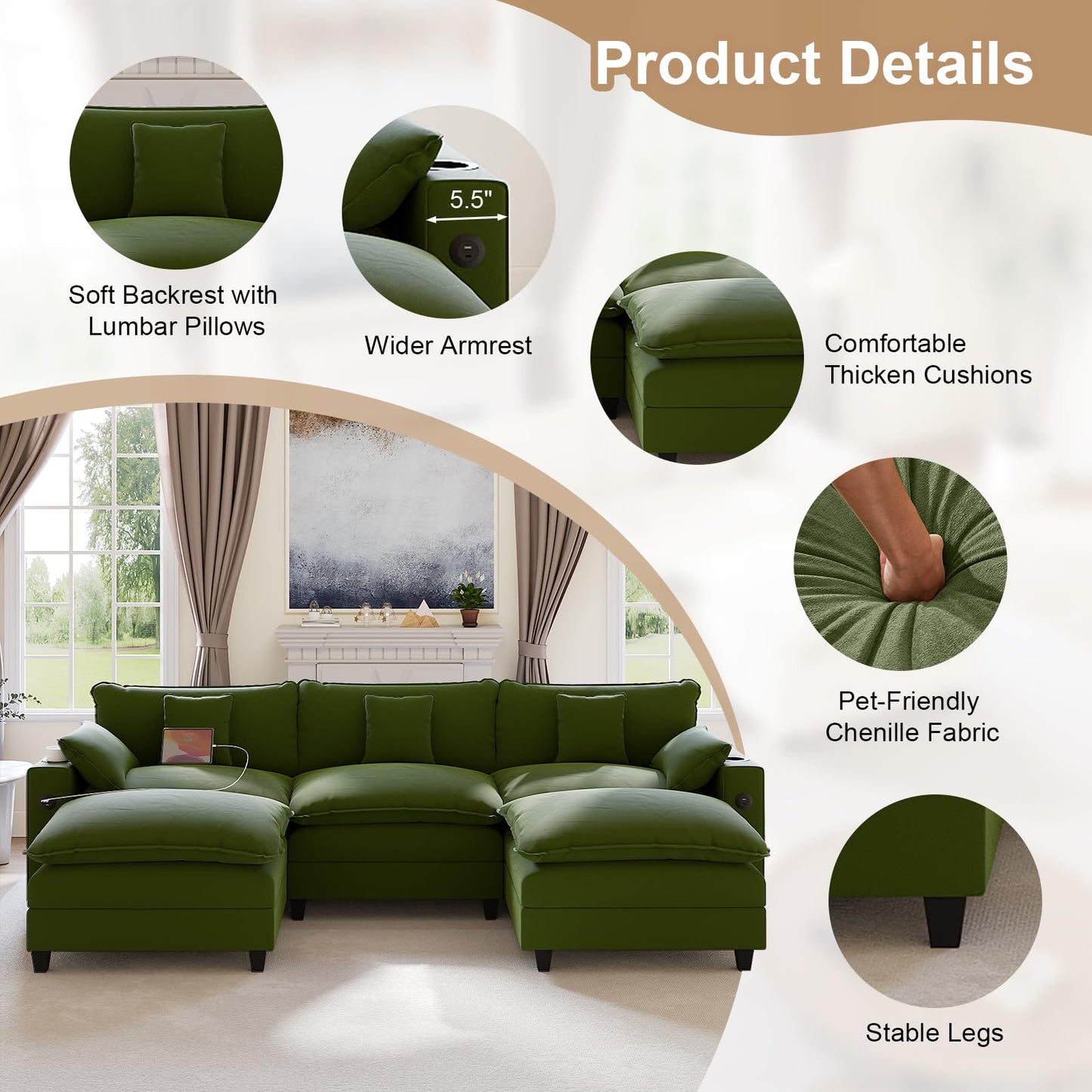 KCGKCG 116" Modular Sectional Sofa, U Shaped Cloud Couch with Movable Ottoman, Chenille Deep Seat Cloud Sofa with Charging Station, Cup Holder, Side Pocket, Sectional Couches for Living Room, Green