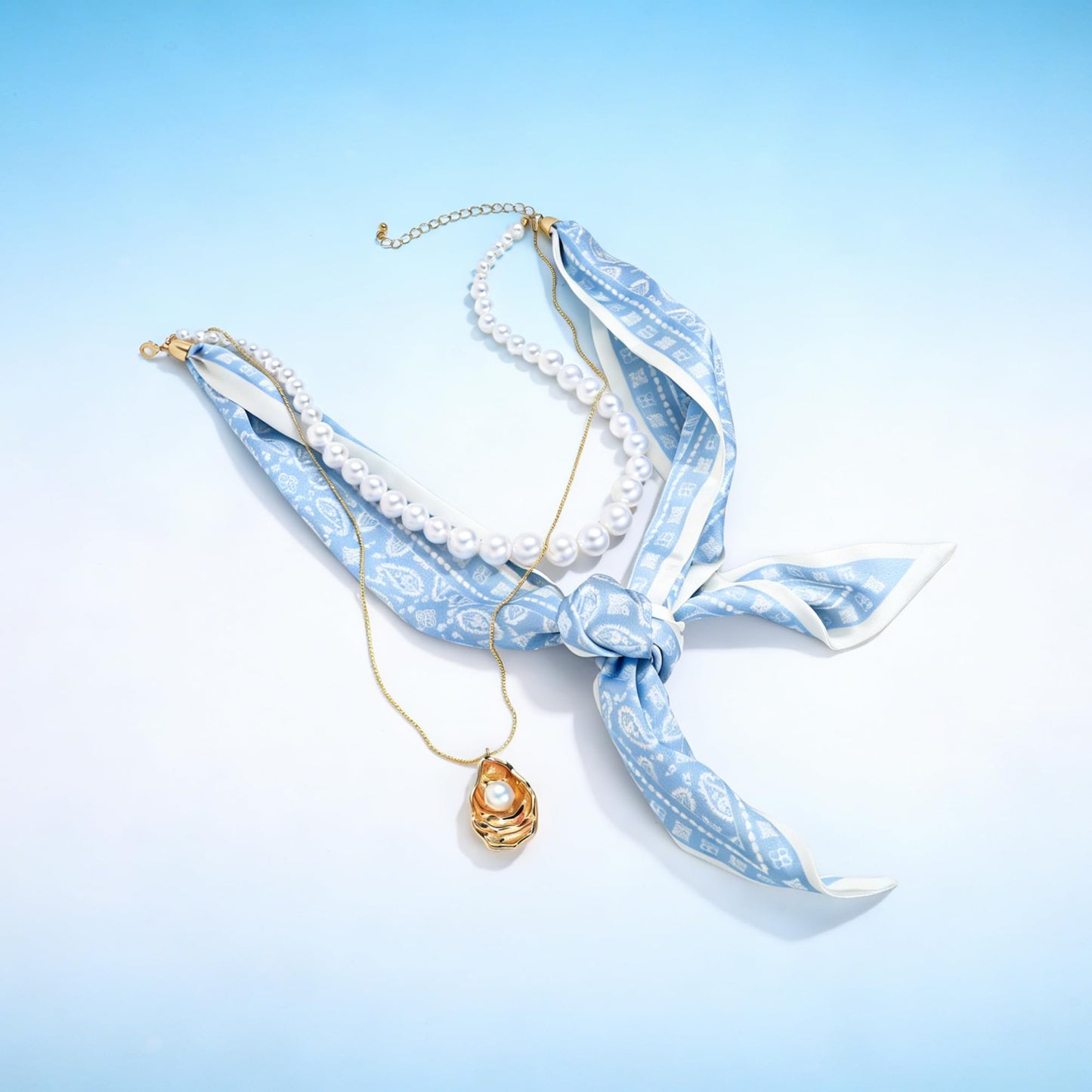 ENSKEFEN Chunky Statement Three-Layer Necklaces for Women Trendy Boho Scarf Necklace with Pearl Choker Gold Shell Pendant Necklace Summer Beach Jewelry