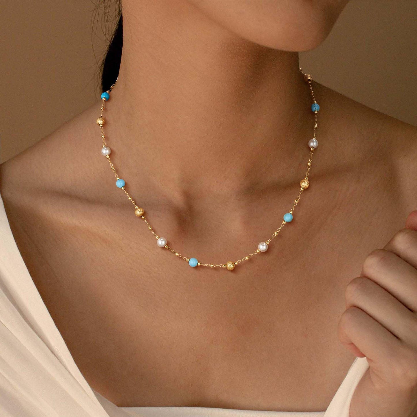 LOLAR RAY Turquoise Jewelry for Women - 14K Gold Plated Round Pearl Beaded Choker Boho Necklaces for Women Summer Beach Boho Choker Bead Gift