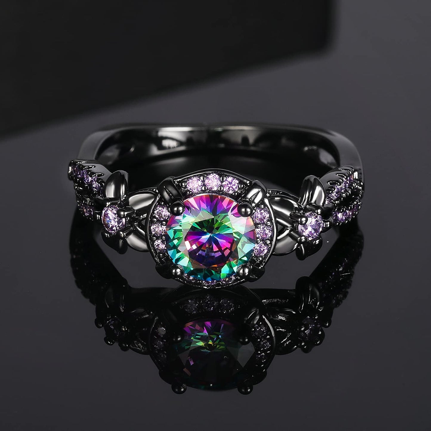 Black Rings for Women,Eternity Rings Rainbow CZ Created Amethyst Gemstone Wedding Engagement Band for Bride Dainty Jewelry Gifts (7)