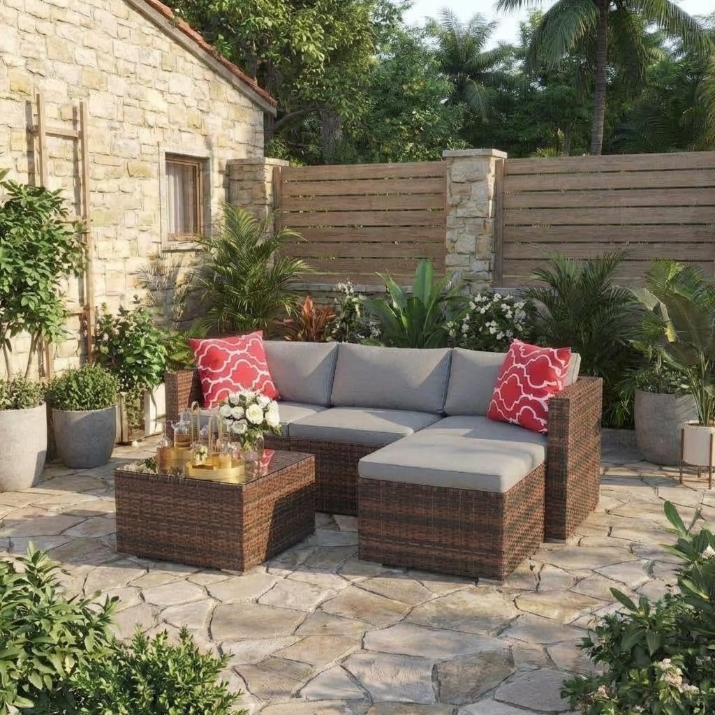 GarveeTech 5 Pieces Patio Furniture Set, All Weather Wicker Rattan Sectional Sofa,Outdoor Patio Furniture Set with Washable Cushions for Garden, Backyard, Porch, Poolside (Brown&Grey) ﻿
