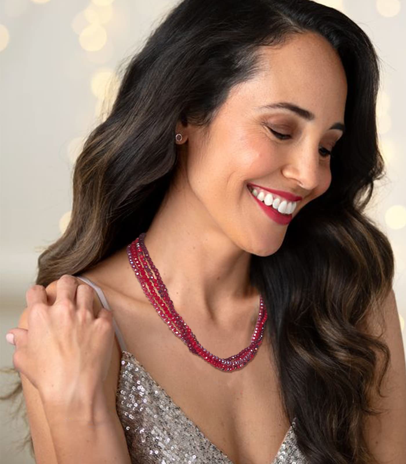 Noessla Multi-layer Crystals Beaded Choker Necklace for Women Colorful Boho Statement Necklace Trendy Costume Party Jewelry Mothers day Gifts for Mom(29-Red)