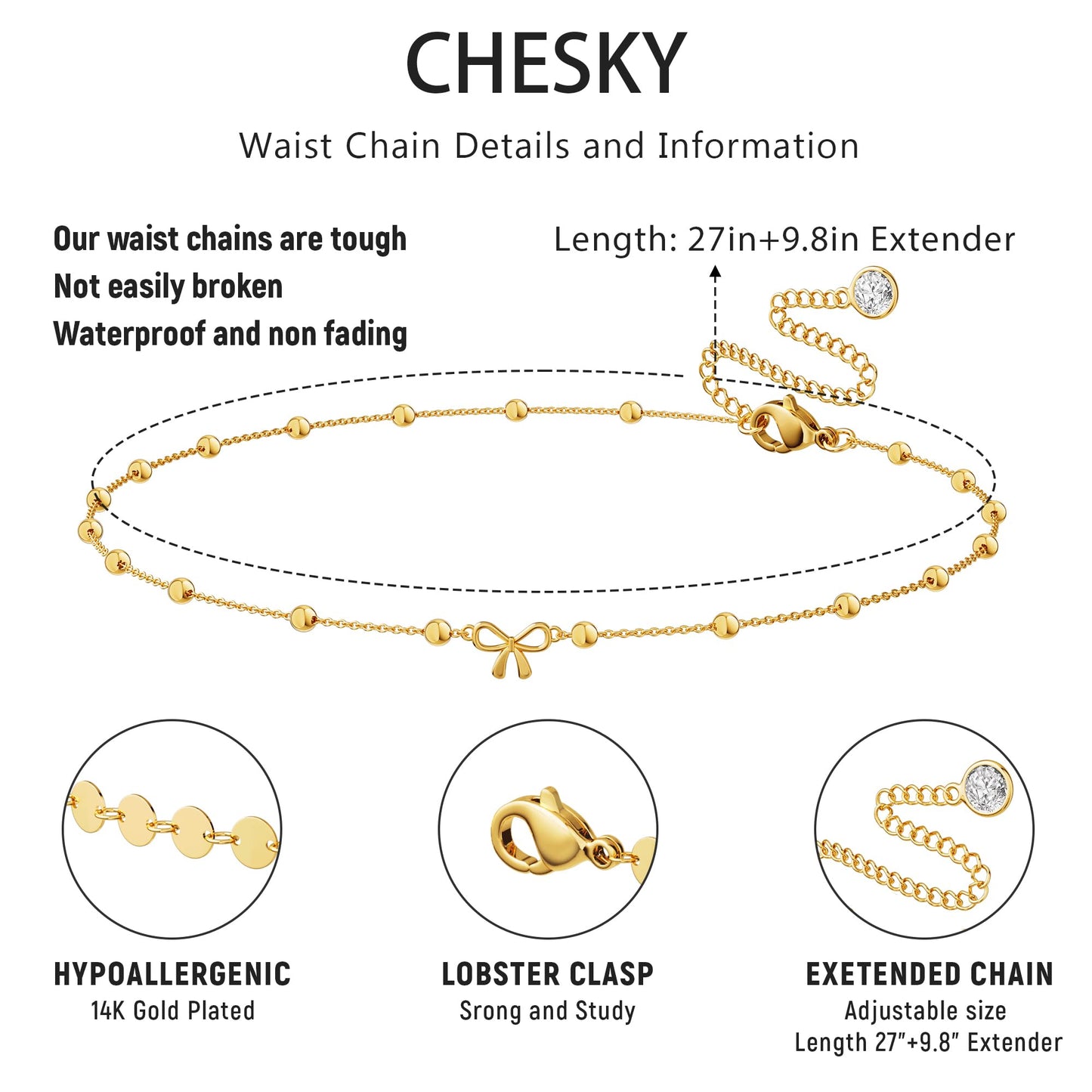 CHESKY Gold Waist Chain, 14k Plated Body Chain Jewelry for Women Non Tarnish Adjustable Waterproof Belly Chain Sexy Waist Beads for Womens Dainty Chain Belt Bow Beach Gold Prom Jewelry for Women