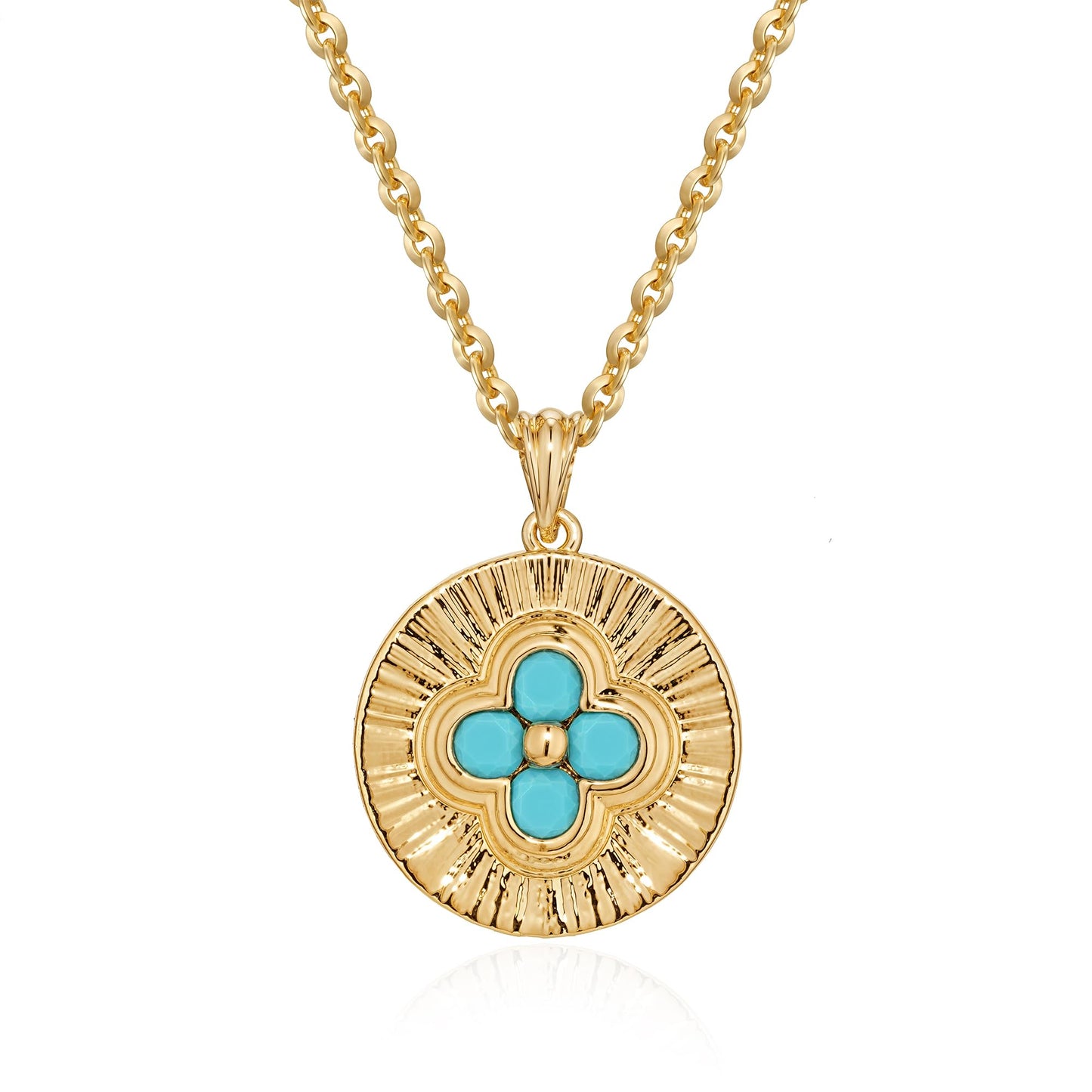 LOLAR RAY Clover Medallion Necklace 14K Gold Plated Turquoise Pendant with Radiant Pattern Adjustable Chain Elegant Gift for Women
