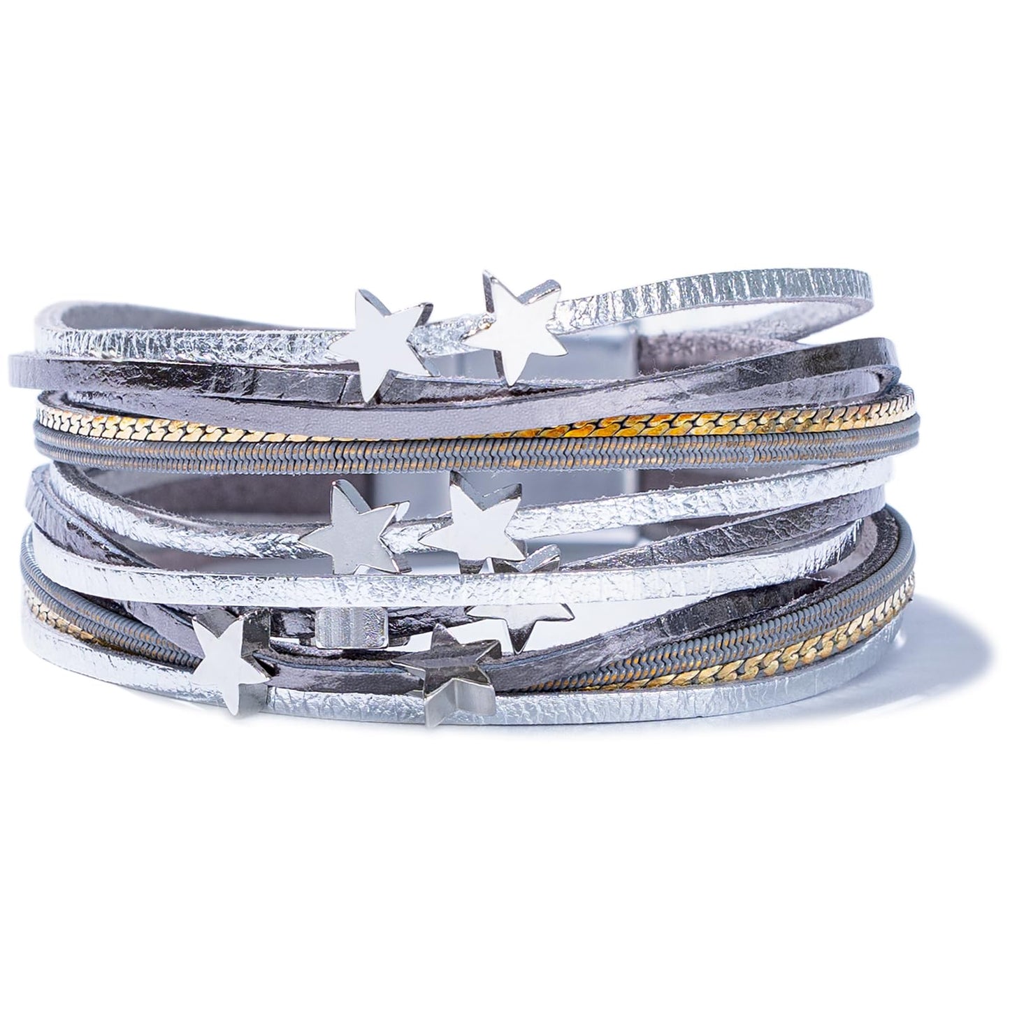 FANCY SHINY Leather Wrap Star Bracelet Boho Bangle Bracelets for Women Trendy Stackable Cute Star Bracelet with Magnetic Clasp(Grey)