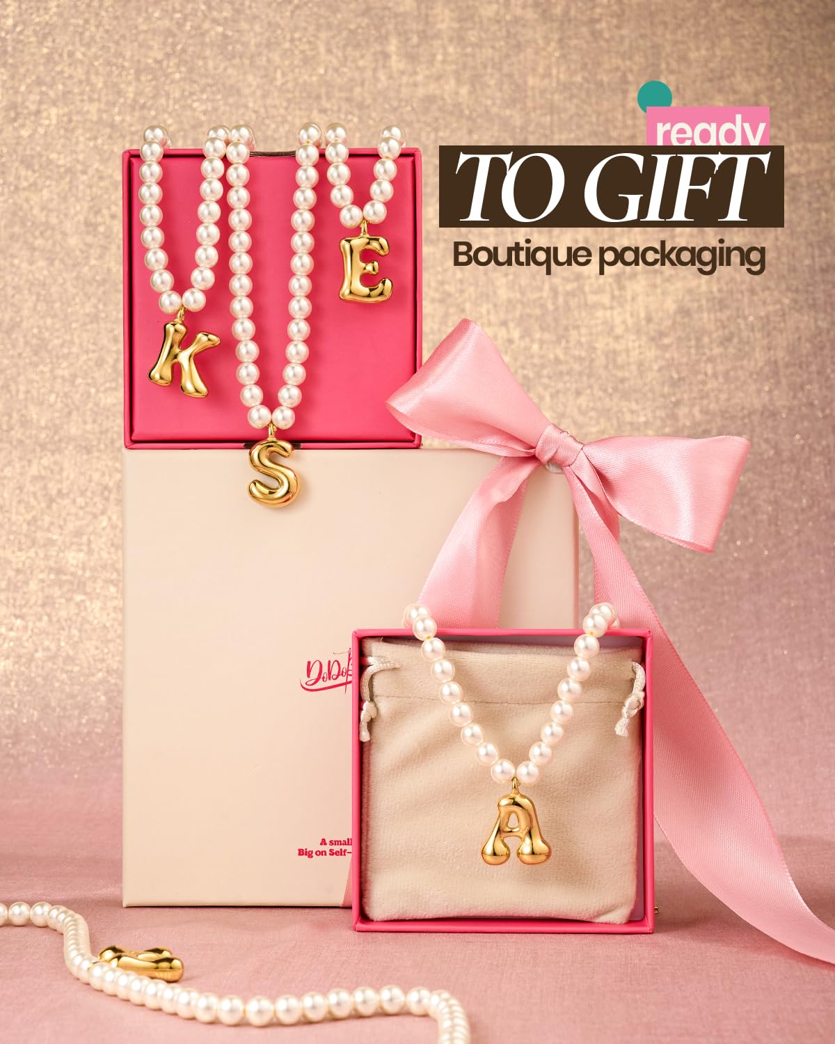 DoDoBeads Pearl Initial Necklace, 18K Gold Plated Stainless Steel Balloon Letter Pendant N, Non-Tarnish Waterproof Chunky Monogram Jewelry Gifts for Women Teens