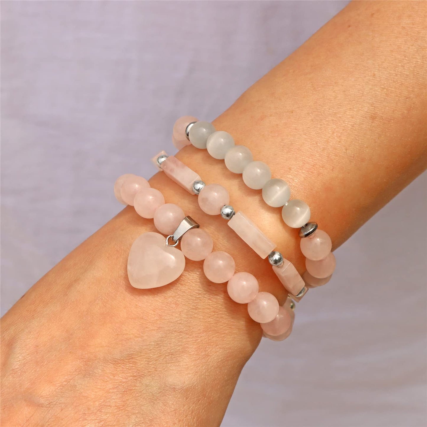 Vinswet Healing Crystal Beaded Bracelets for Women,Natural Rose Quartz Moonstone Gemstones Bracelet,Anxiety Stress Relief Heart Charm Bracelet Handmade pink Jewelry Gifts for Women (3pcs)
