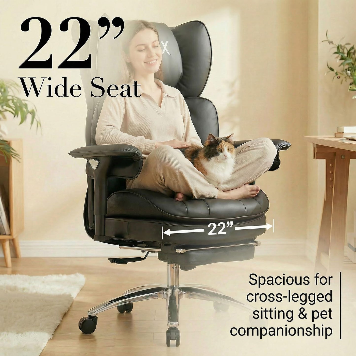 Efomao Big and Tall Office Chair 400lbs Capacity, Executive High Back Chair with 3-Angle Locking Recline and Footrest, Wide Double Padded Desk Chair for Home Office, Metal Frame, Black