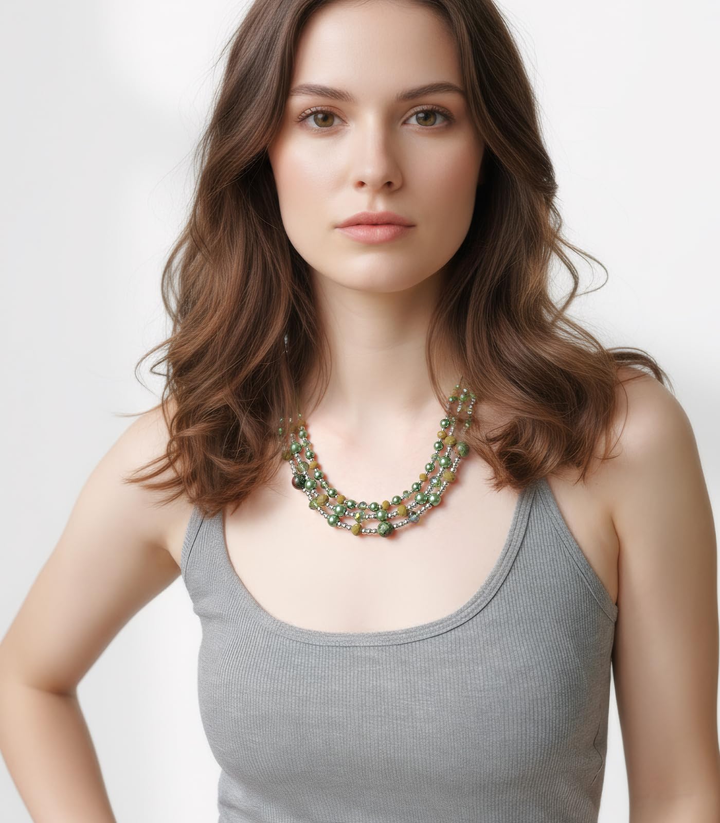 Noessla Beaded Statement Necklaces for Women Layered Chunky Bead Necklace Fashion Costume Jewelry Gifts for Mom(Green)