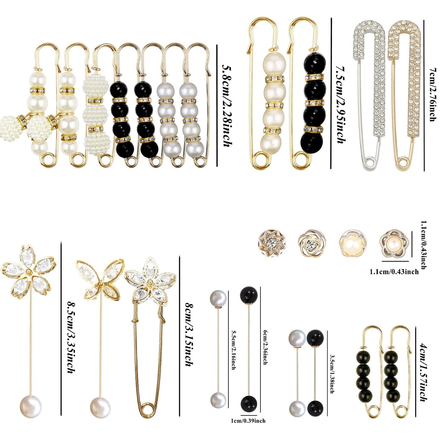 24 Pieces Pearl Crystal Brooch Safety Pins Button Pins Pant Waist Tightener Pins for Clothes Sweater Shawl Collar Dress Cardigan Shirt Jeans Decoration Accessories for Women Girls(Classic)