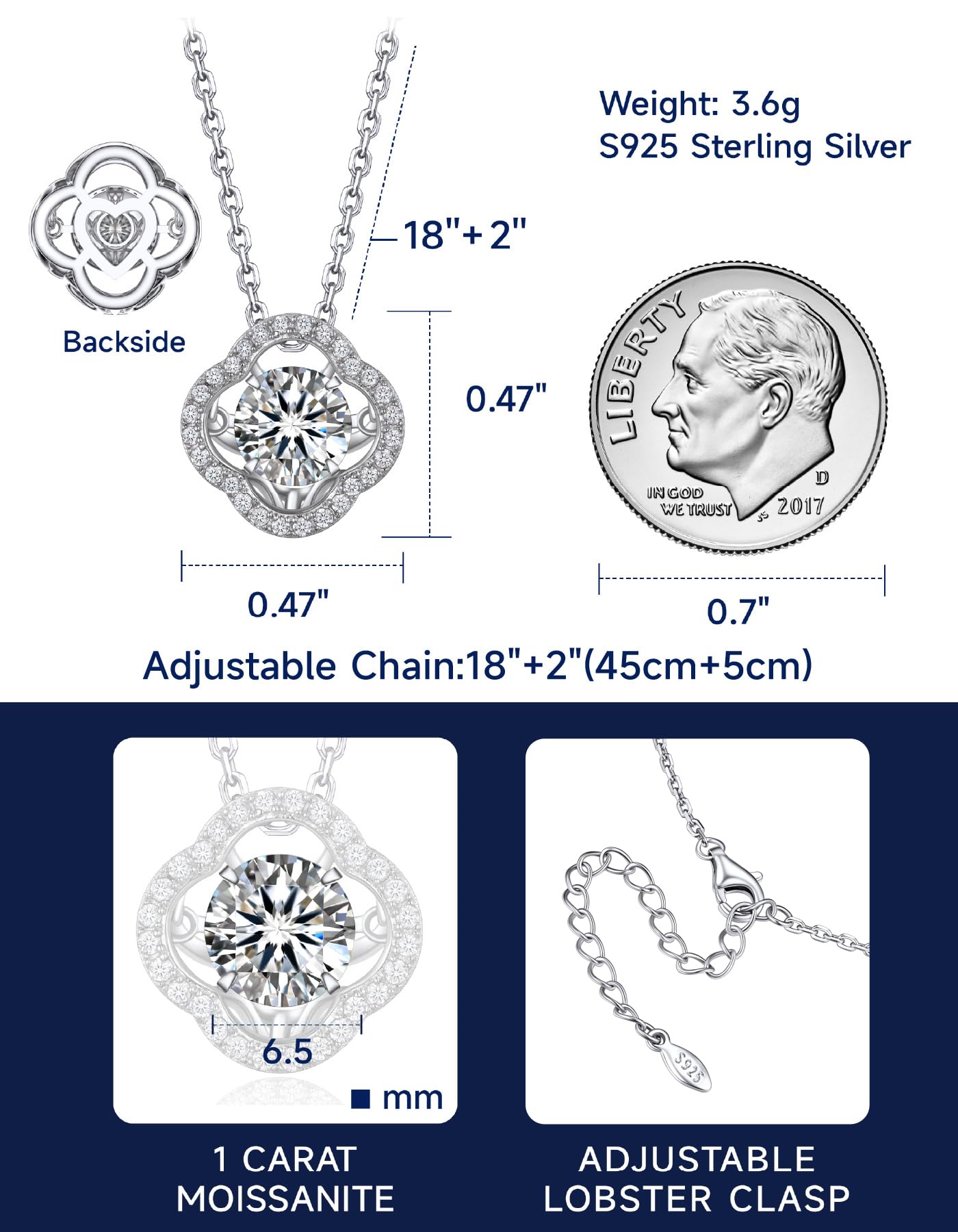 MomentWish Clover Necklace,Sparkling Gift for Her,1Carat Dancing Moissanite Necklace for Women, 925 Sterling Silver Foating Diamond Pendant for Birthday Anniversary