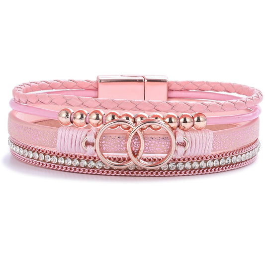 FANCY SHINY Boho Leather Wrap Bracelet Stackable Beaded Infinity Chunky Cuff Bracelets with Magnetic Clasp Western Hippie Outfits Jewelry Gifts for Women(Pink)