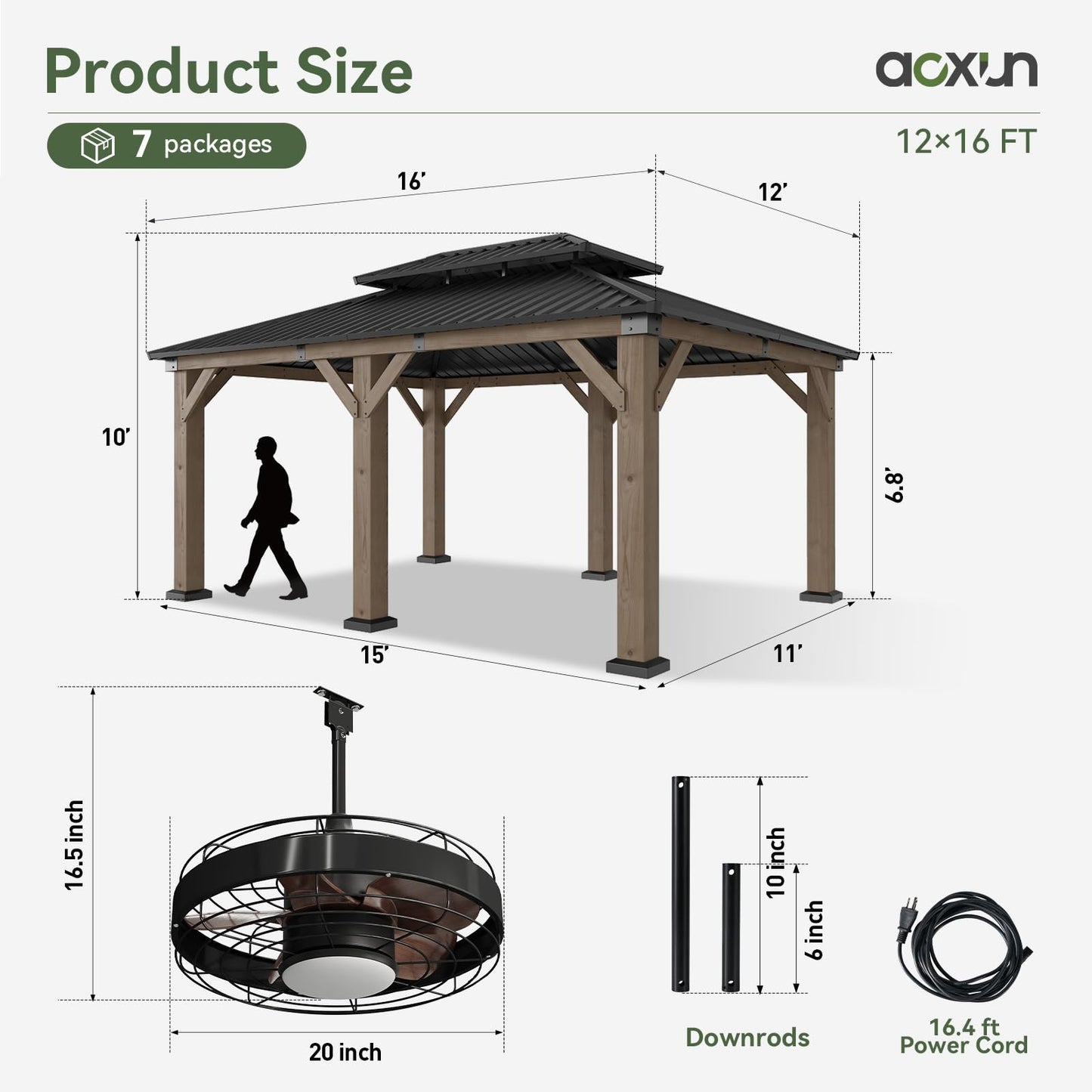 Aoxun 12' x 16' Outdoor Wood Gazebo, Hardtop Gazebo with Galvanized Steel Roof, Permanent Wooden Pavilion with Ceiling Fan, for Patio, Garden, Backyard, Cedar Wood, Grey