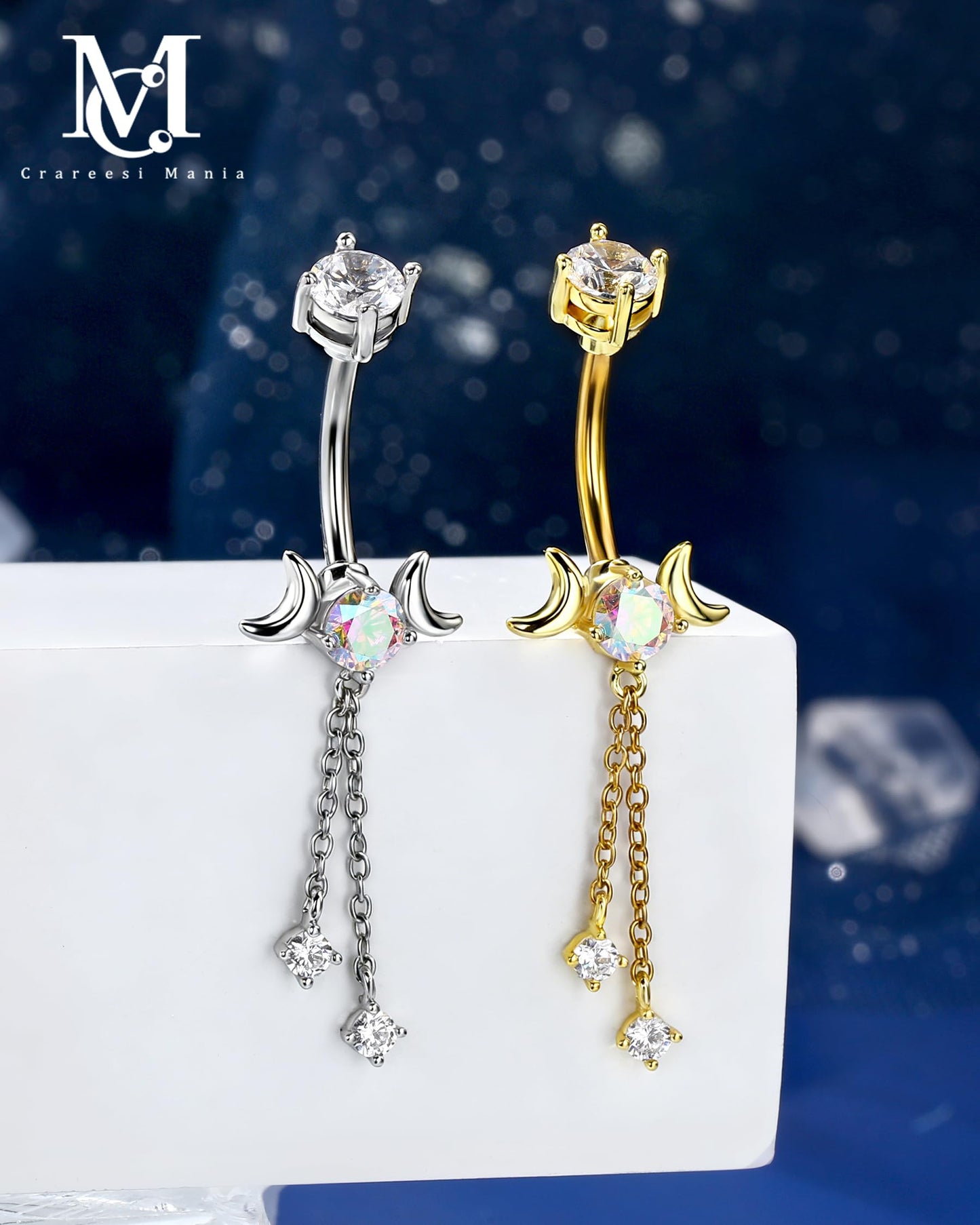 CM Crareesi Mania Dangle Belly Button Rings 14G Dangle Chain Belly Rings Moon Phase 316L Surgical Steel Gold Belly Piercing Jewelry for Women
